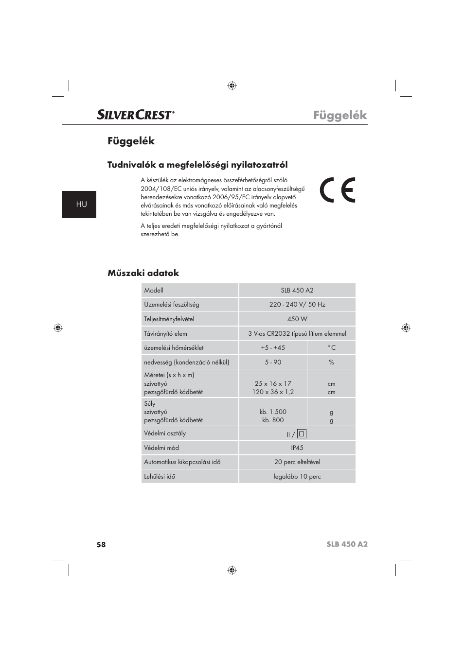 Függelék, Tudnivalók a megfelelőségi nyilatozatról, Műszaki adatok | Silvercrest SLB 450 A2 User Manual | Page 60 / 122