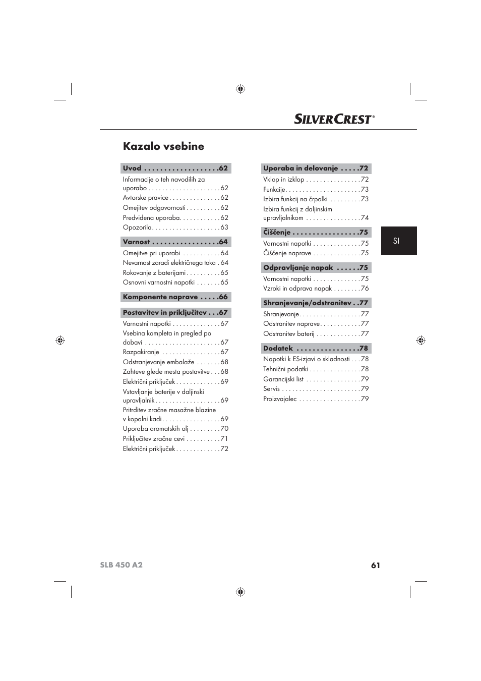 Kazalo vsebine | Silvercrest SLB 450 A2 User Manual | Page 63 / 122