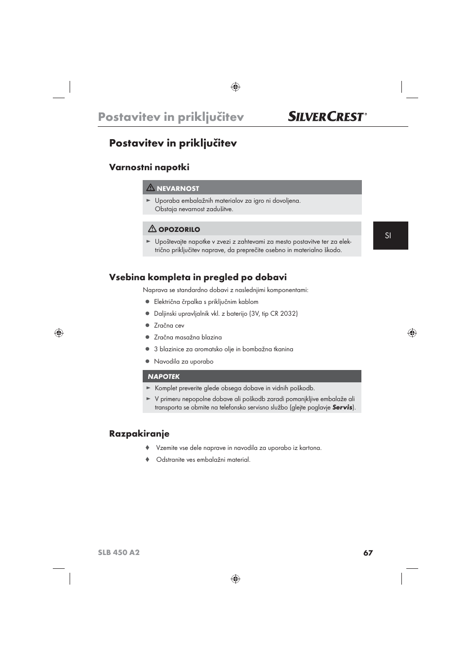 Postavitev in priključitev, Varnostni napotki, Vsebina kompleta in pregled po dobavi | Razpakiranje | Silvercrest SLB 450 A2 User Manual | Page 69 / 122