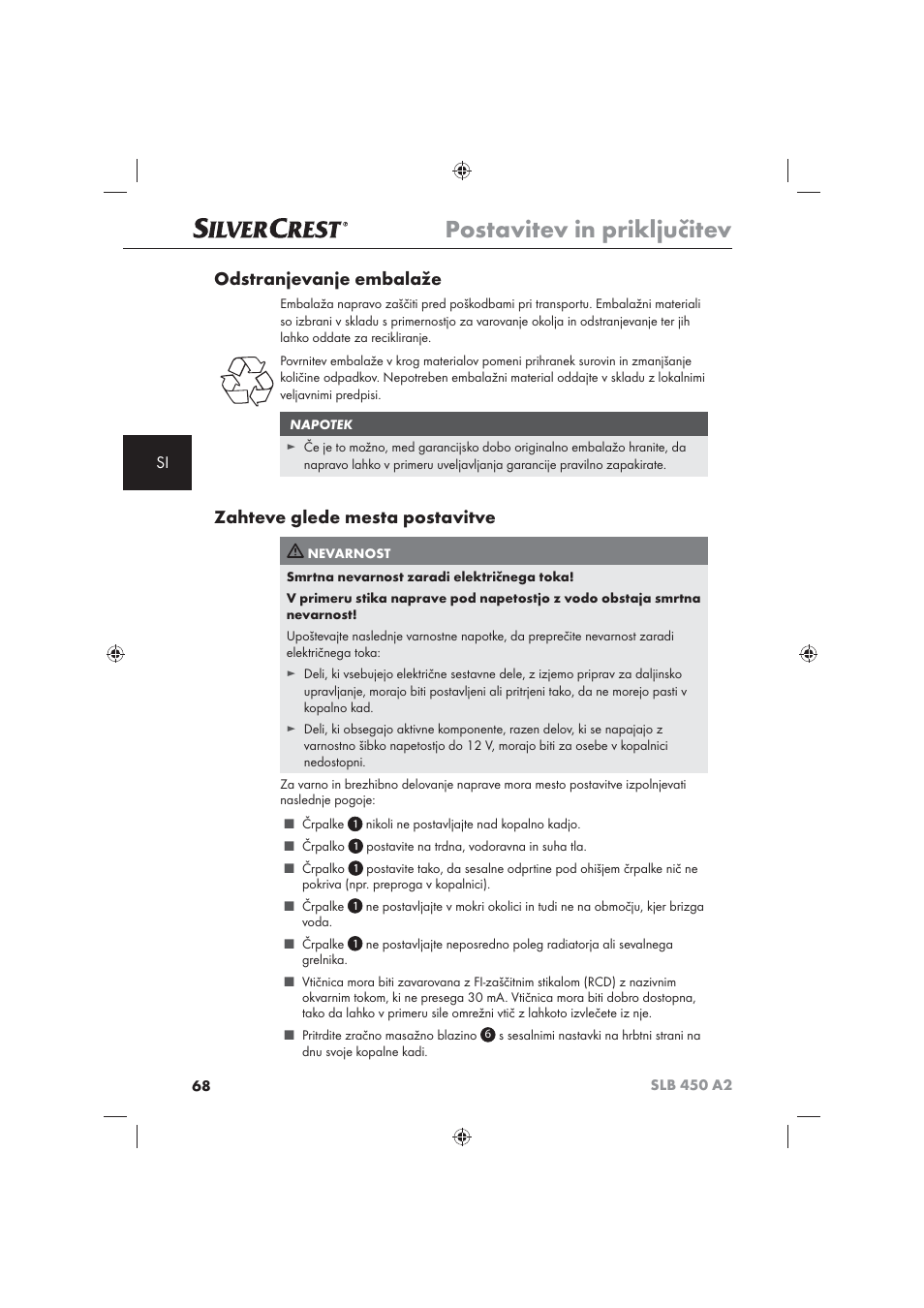 Postavitev in priključitev, Odstranjevanje embalaže, Zahteve glede mesta postavitve | Silvercrest SLB 450 A2 User Manual | Page 70 / 122