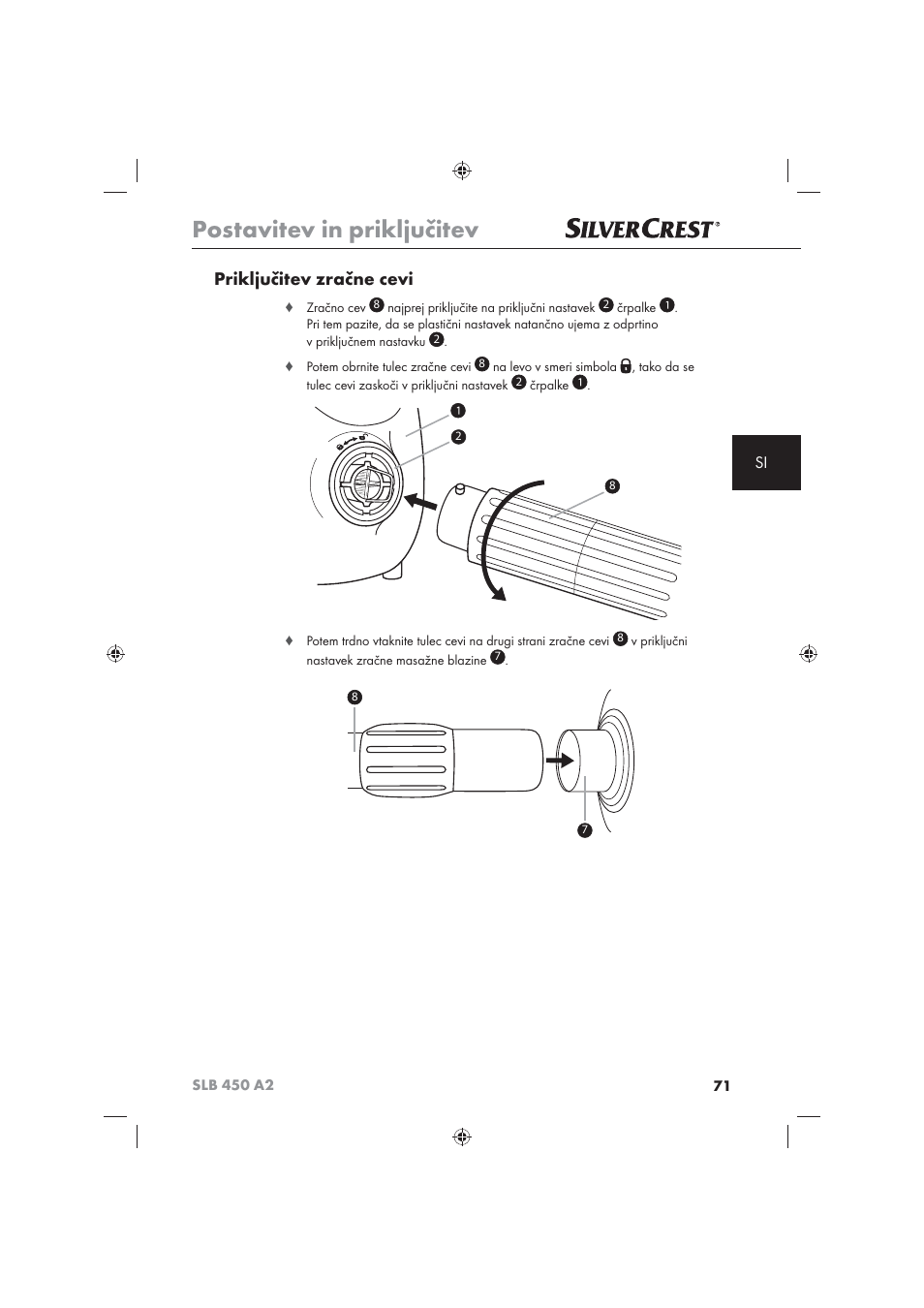 Postavitev in priključitev, Priključitev zračne cevi | Silvercrest SLB 450 A2 User Manual | Page 73 / 122