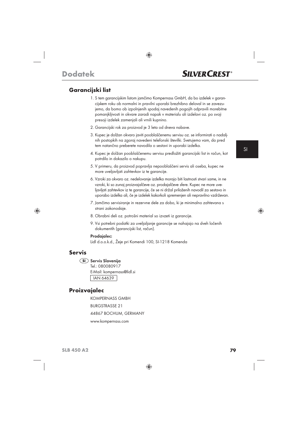 Dodatek, Garancijski list, Servis | Proizvajalec | Silvercrest SLB 450 A2 User Manual | Page 81 / 122