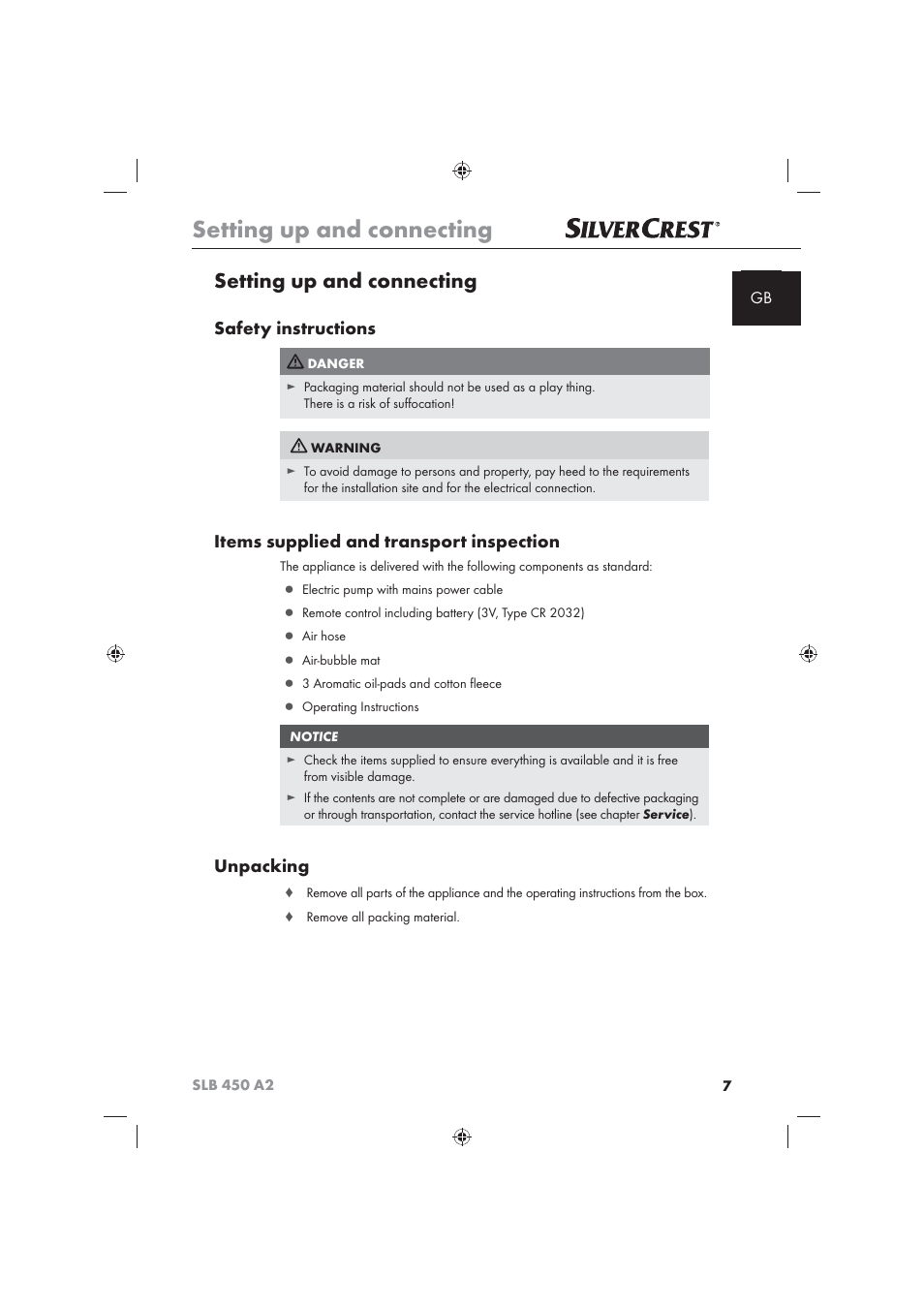 Setting up and connecting, Safety instructions, Items supplied and transport inspection | Unpacking | Silvercrest SLB 450 A2 User Manual | Page 9 / 122