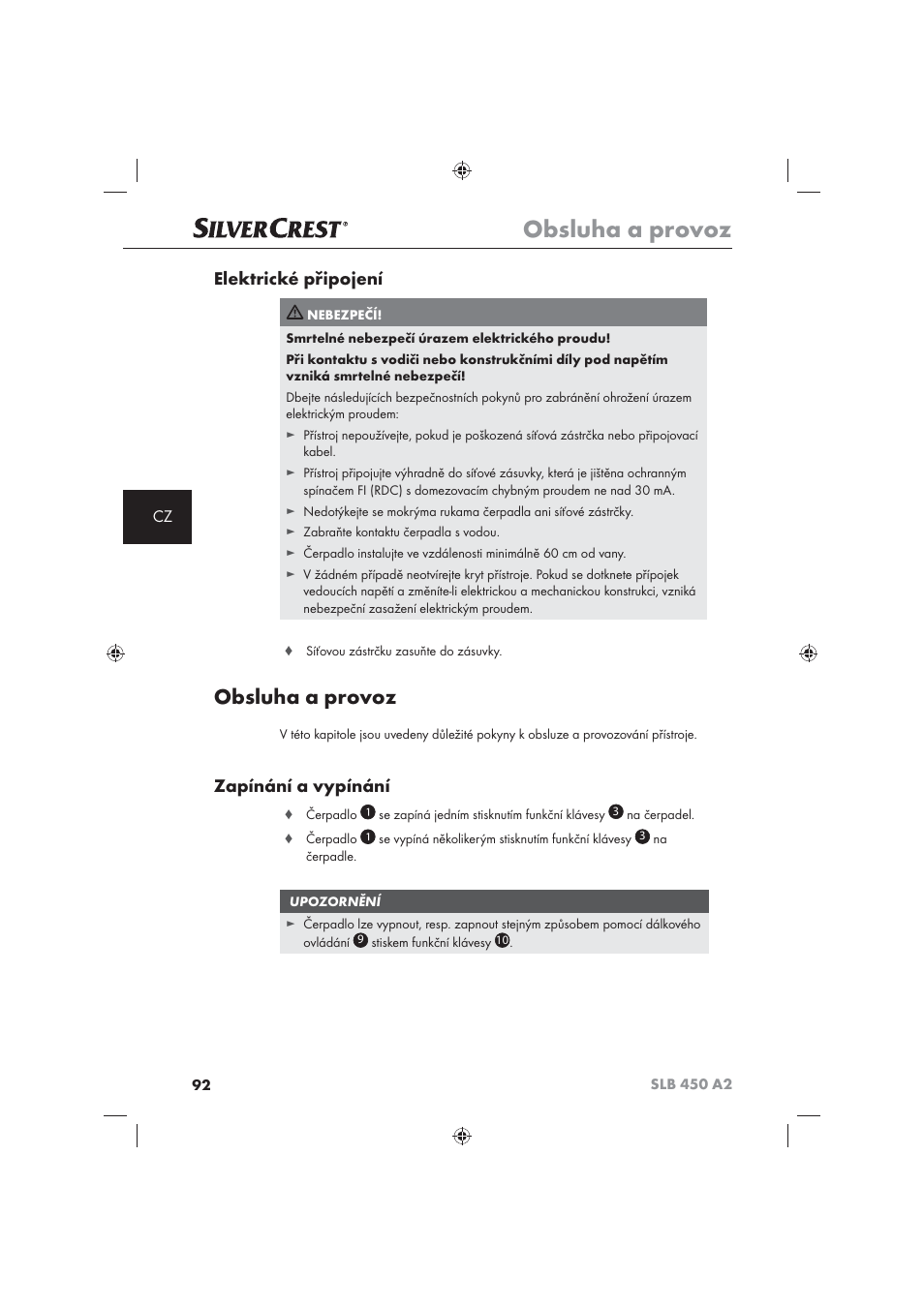 Obsluha a provoz, Elektrické připojení, Zapínání a vypínání | Silvercrest SLB 450 A2 User Manual | Page 94 / 122