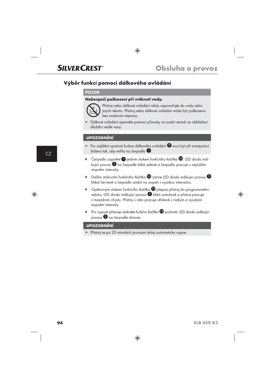 Obsluha a provoz, Výběr funkcí pomocí dálkového ovládání | Silvercrest SLB 450 A2 User Manual | Page 96 / 122