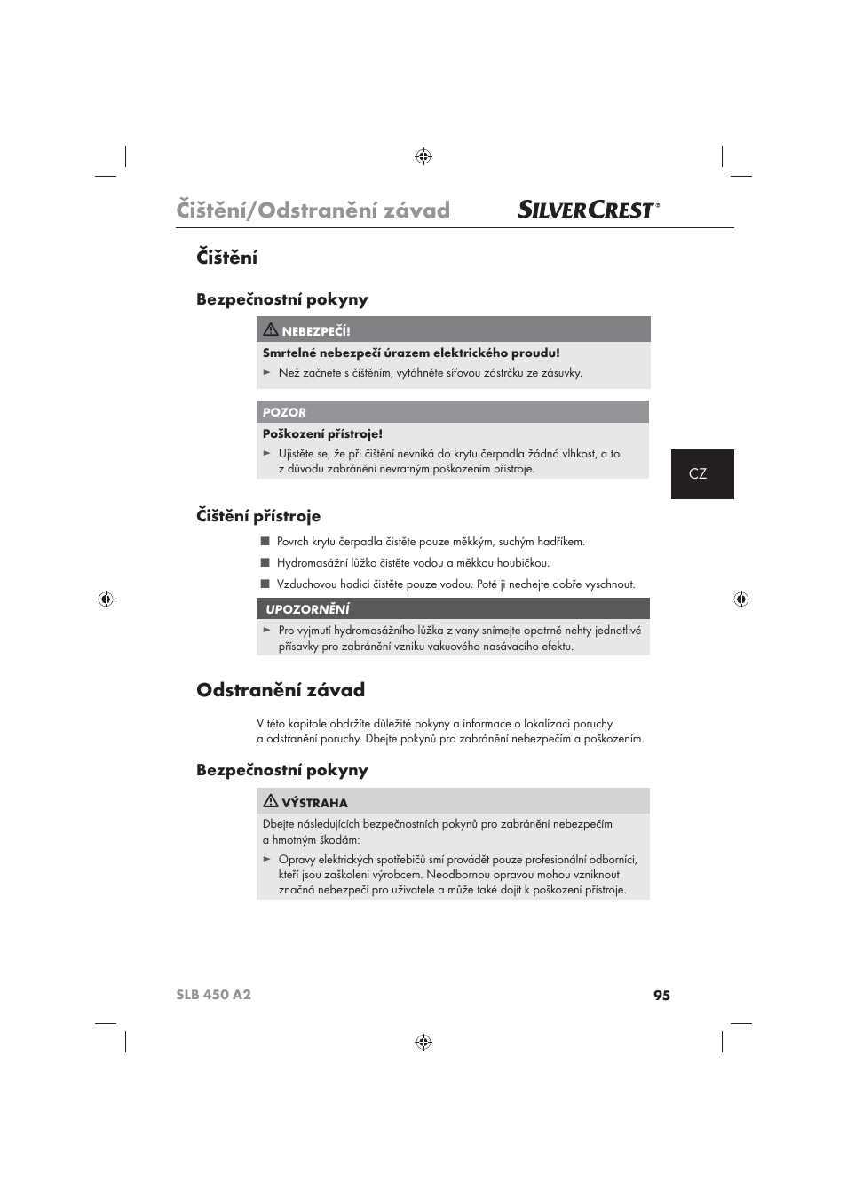 Čištění/odstranění závad, Čištění, Odstranění závad | Bezpečnostní pokyny, Čištění přístroje | Silvercrest SLB 450 A2 User Manual | Page 97 / 122