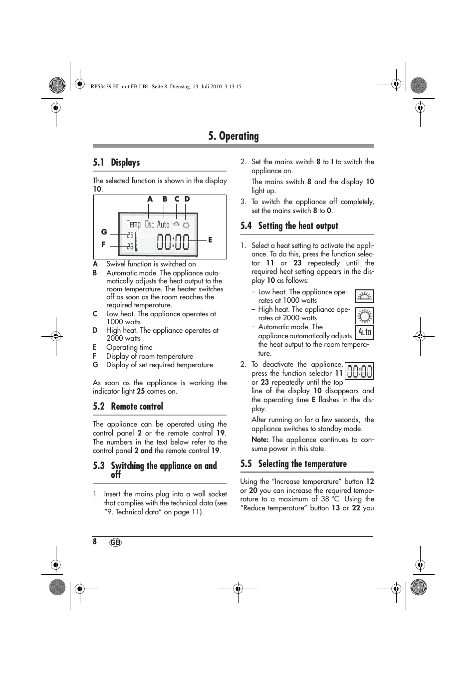 Operating, 1 displays, 2 remote control | 3 switching the appliance on and off, 4 setting the heat output, 5 selecting the temperature | Silvercrest SHLF 2000 A1 User Manual | Page 10 / 78