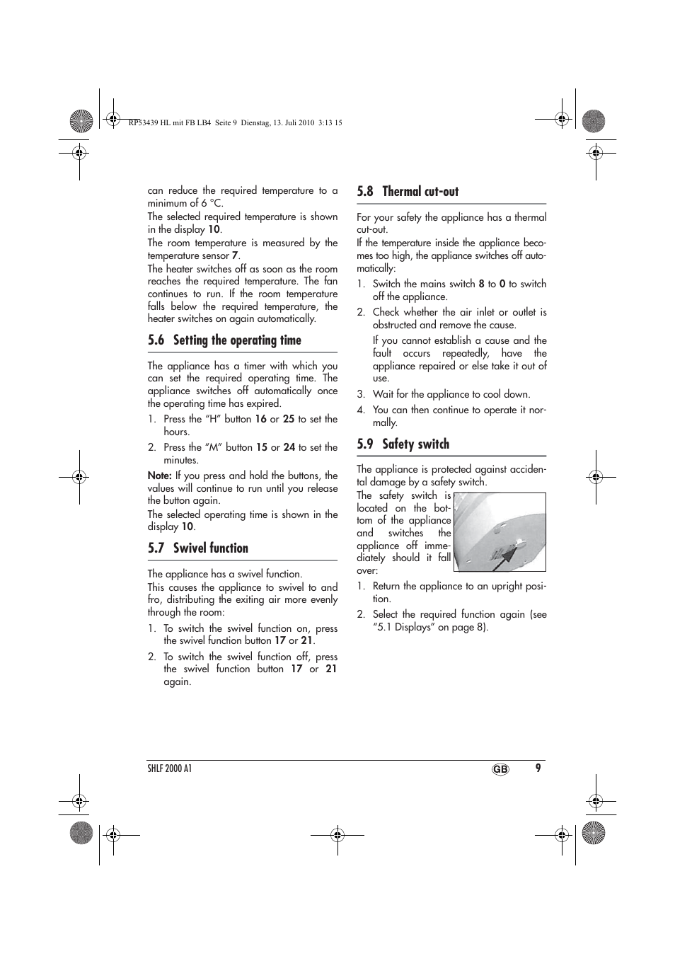 6 setting the operating time, 7 swivel function, 8 thermal cut-out | 9 safety switch | Silvercrest SHLF 2000 A1 User Manual | Page 11 / 78