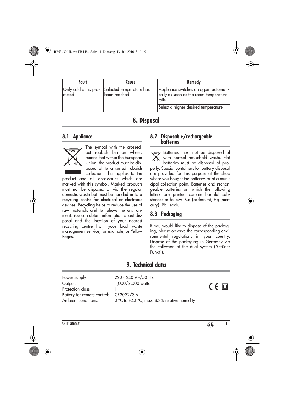 Disposal, Technical data, 1 appliance | 2 disposable/rechargeable batteries, 3 packaging | Silvercrest SHLF 2000 A1 User Manual | Page 13 / 78