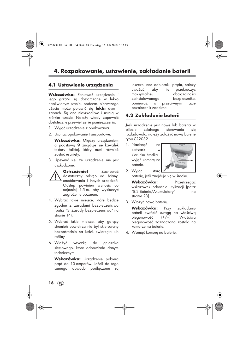 Rozpakowanie, ustawienie, zakładanie baterii | Silvercrest SHLF 2000 A1 User Manual | Page 20 / 78