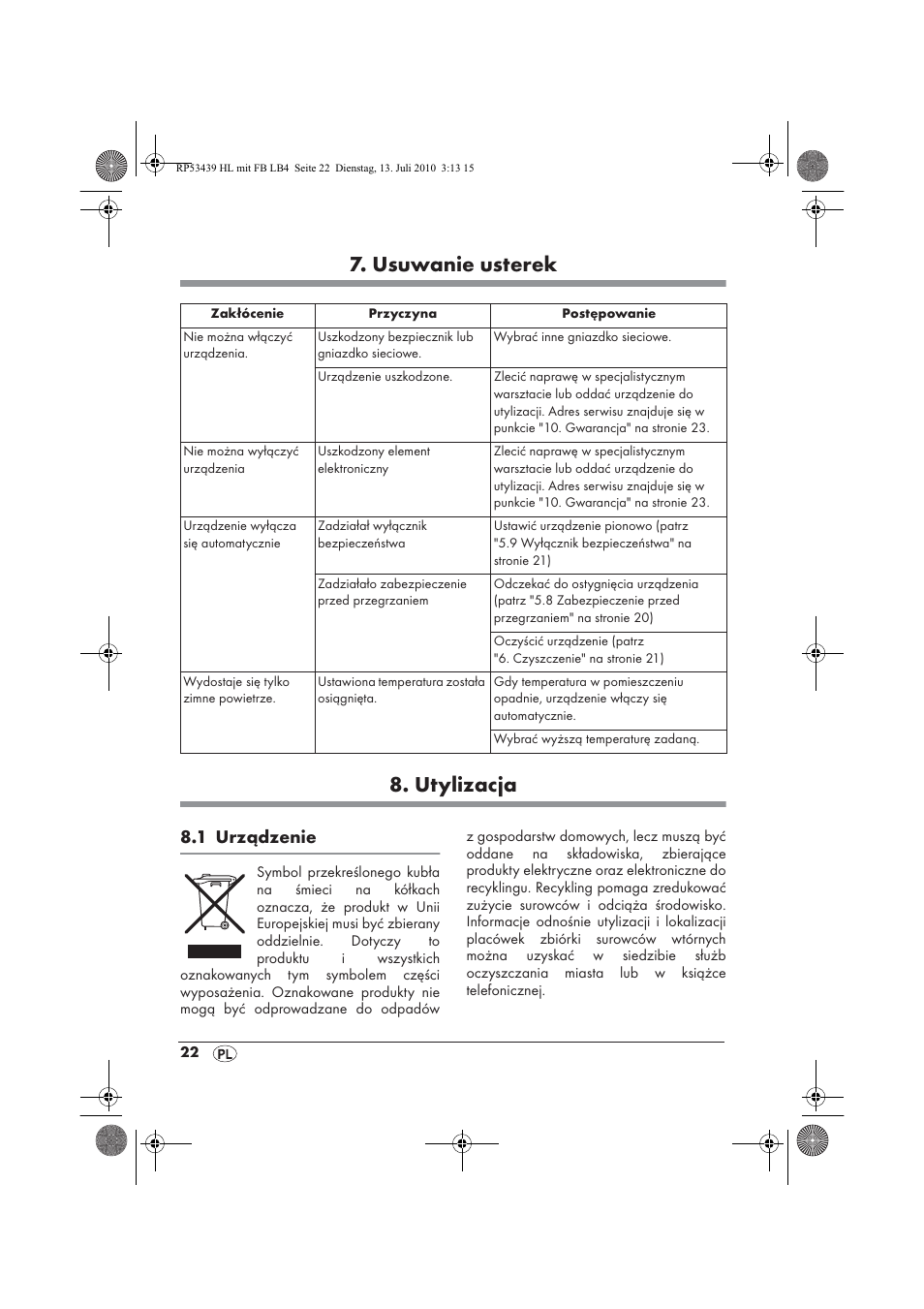 Usuwanie usterek 8. utylizacja, 1 urządzenie | Silvercrest SHLF 2000 A1 User Manual | Page 24 / 78