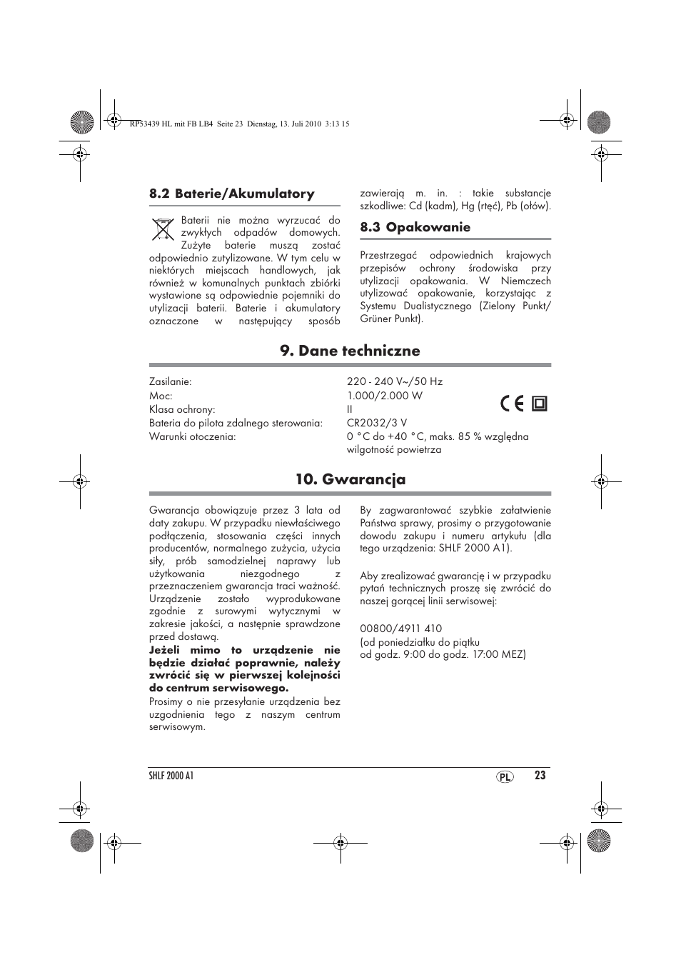 Dane techniczne, Gwarancja | Silvercrest SHLF 2000 A1 User Manual | Page 25 / 78