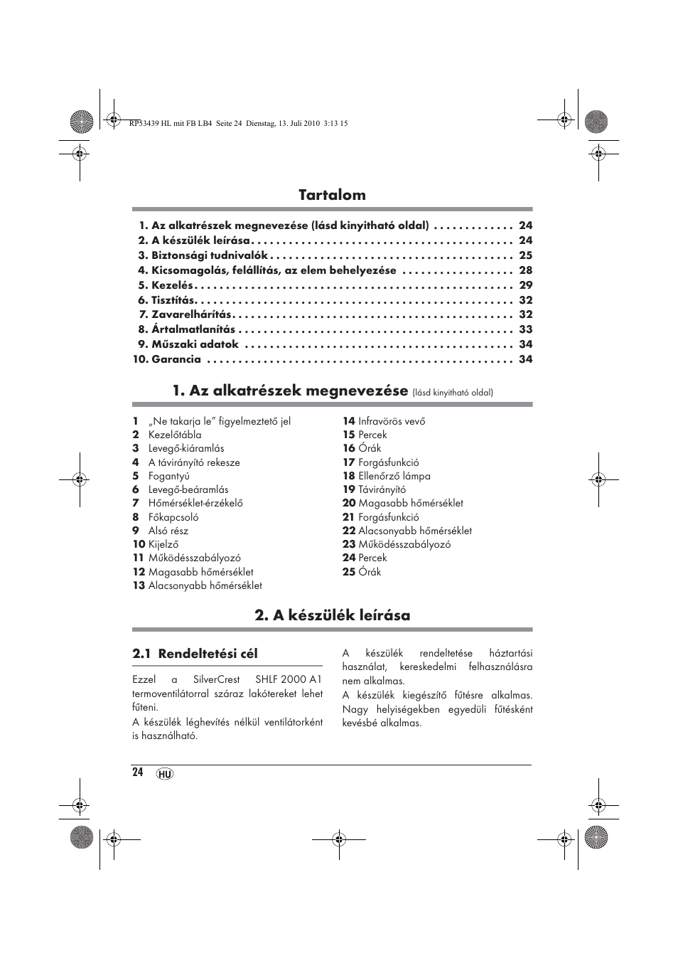 Tartalom, Az alkatrészek megnevezése, A készülék leírása | Silvercrest SHLF 2000 A1 User Manual | Page 26 / 78