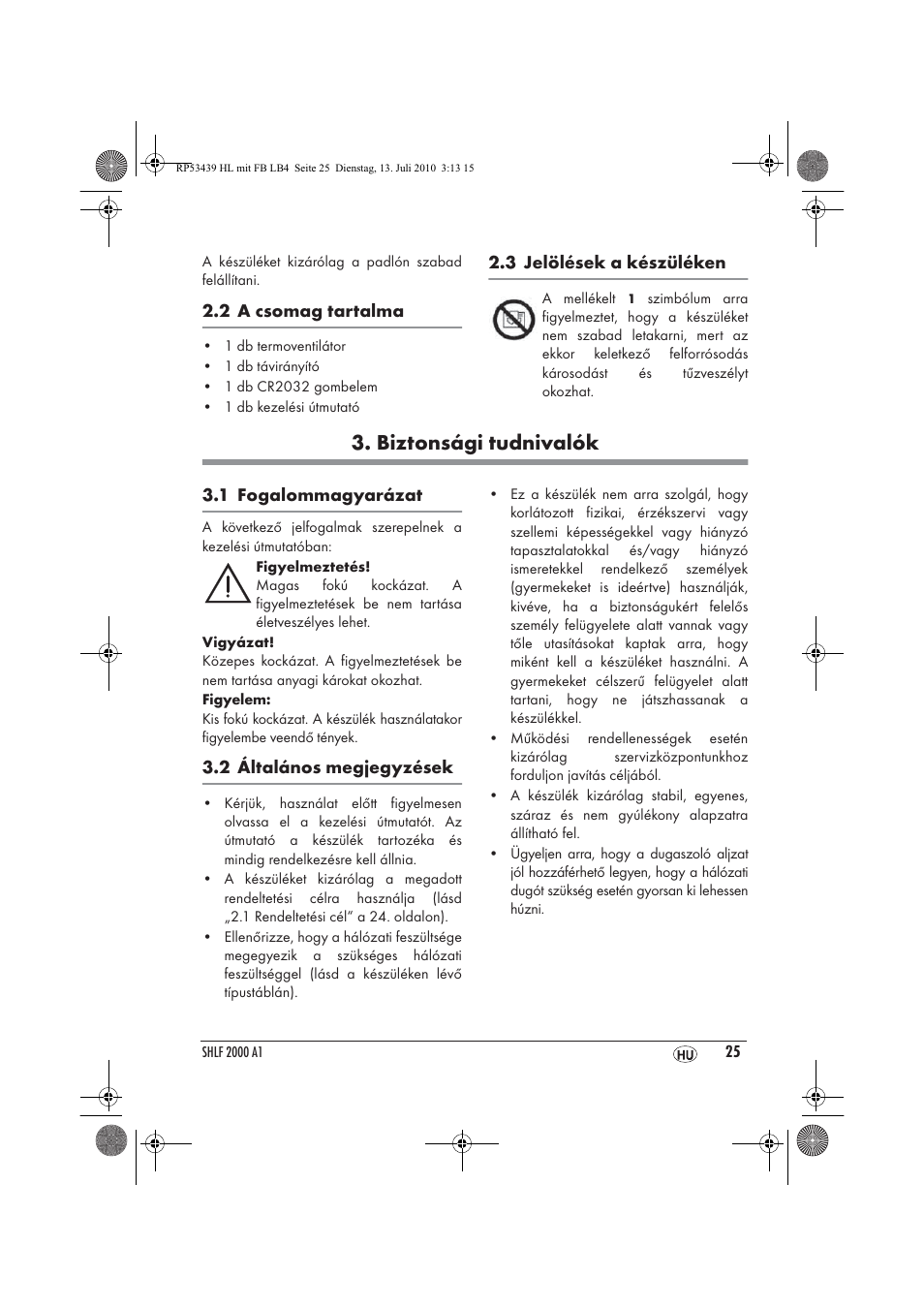 Biztonsági tudnivalók | Silvercrest SHLF 2000 A1 User Manual | Page 27 / 78