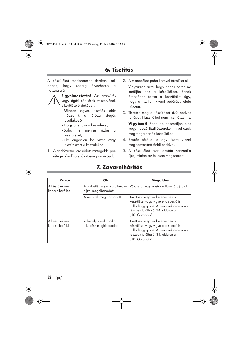 Tisztítás, Zavarelhárítás | Silvercrest SHLF 2000 A1 User Manual | Page 34 / 78