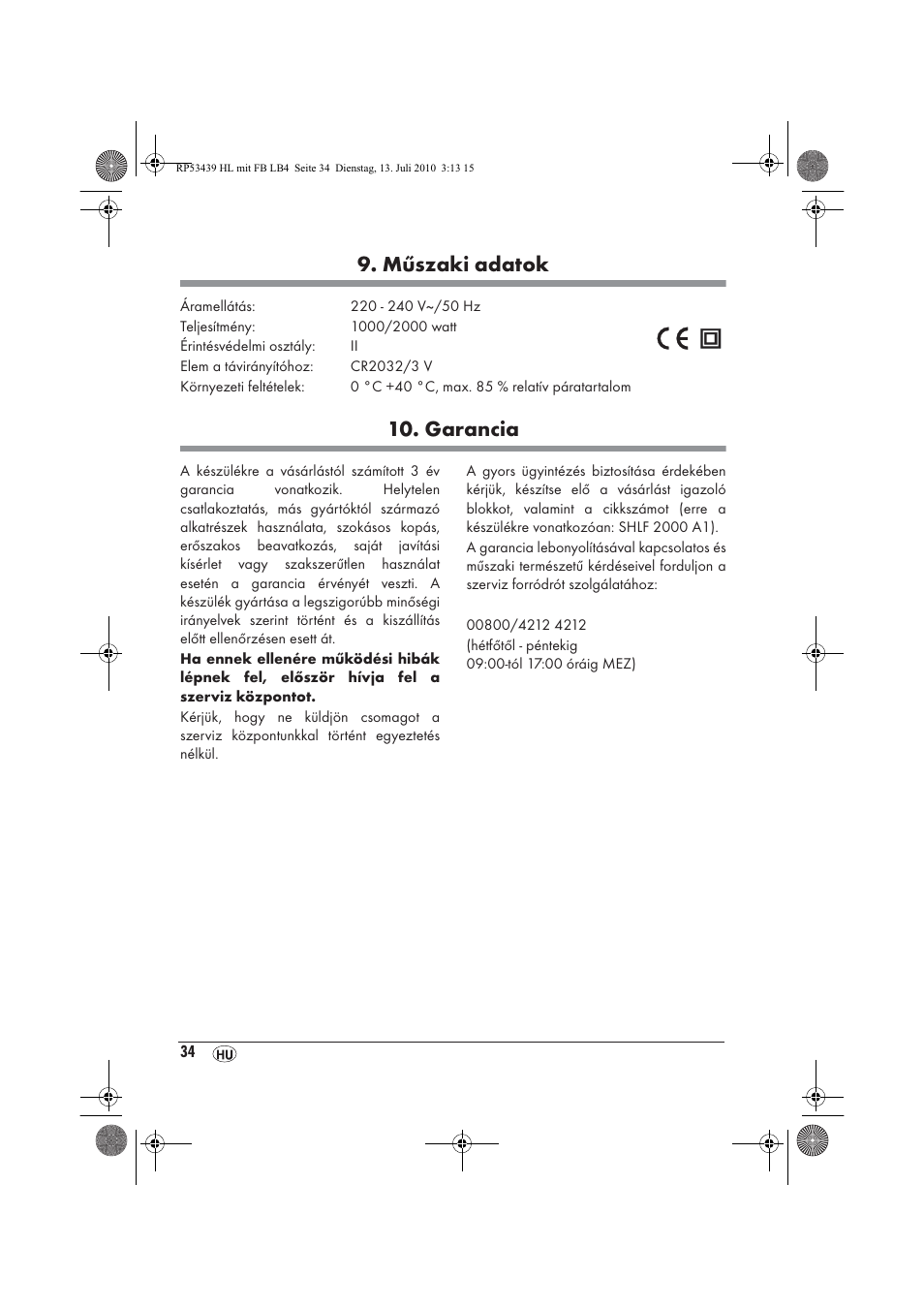 Műszaki adatok, Garancia | Silvercrest SHLF 2000 A1 User Manual | Page 36 / 78