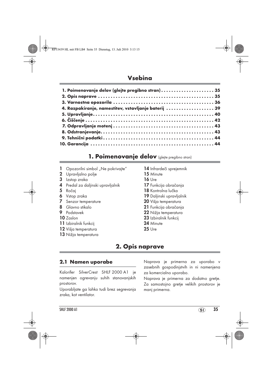 Vsebina, Poimenovanje delov, Opis naprave | Silvercrest SHLF 2000 A1 User Manual | Page 37 / 78