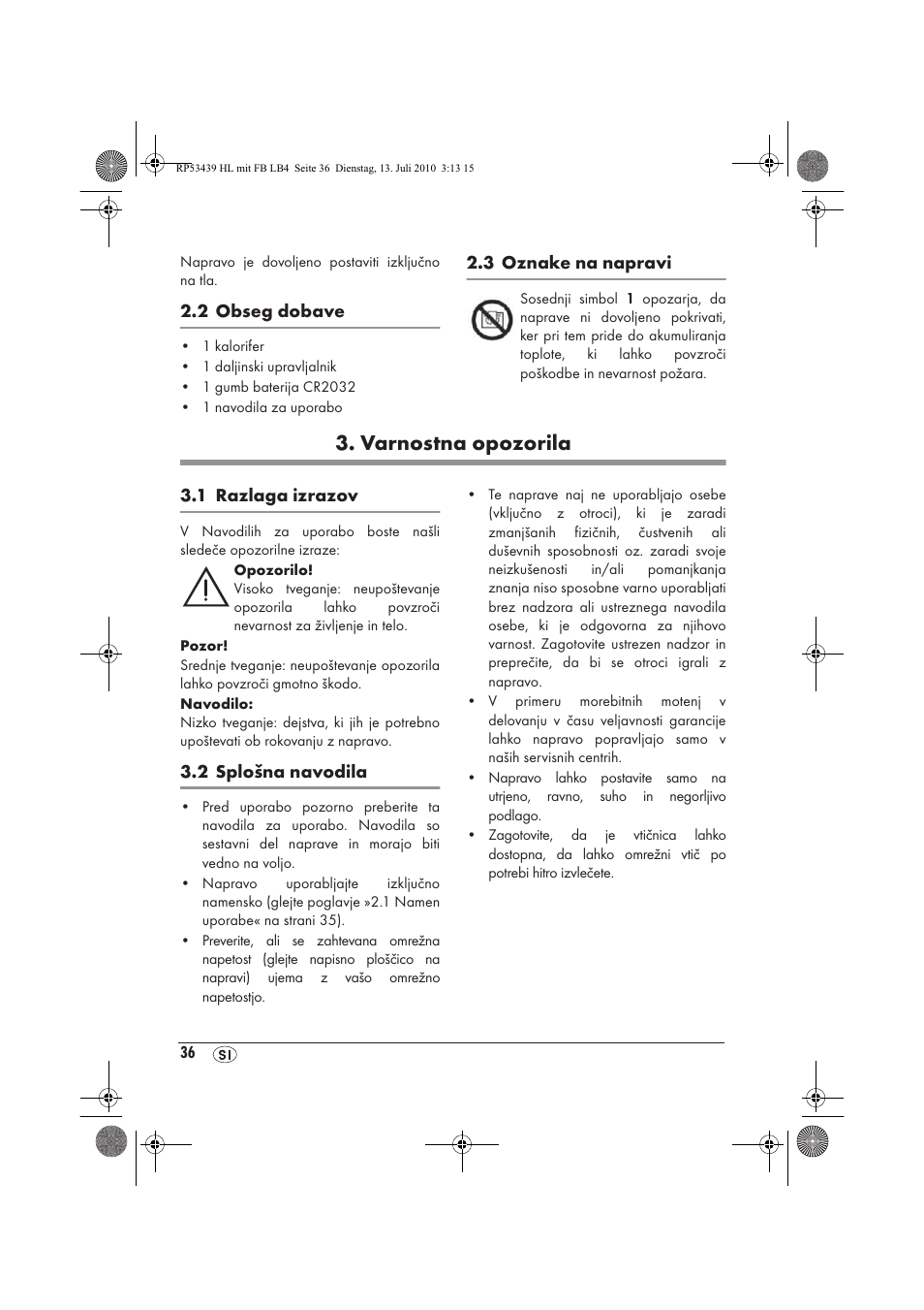 Varnostna opozorila | Silvercrest SHLF 2000 A1 User Manual | Page 38 / 78