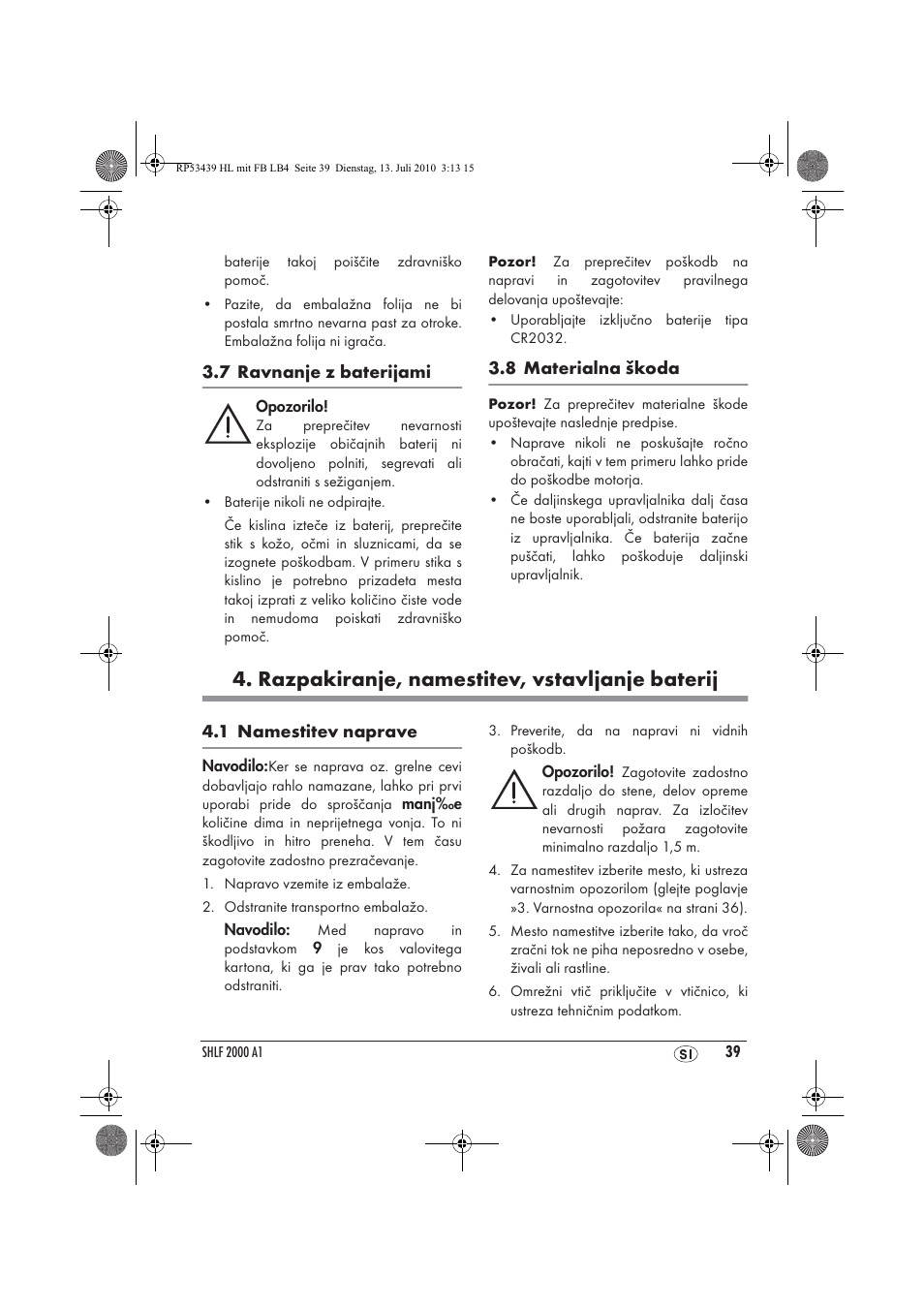 Razpakiranje, namestitev, vstavljanje baterij | Silvercrest SHLF 2000 A1 User Manual | Page 41 / 78