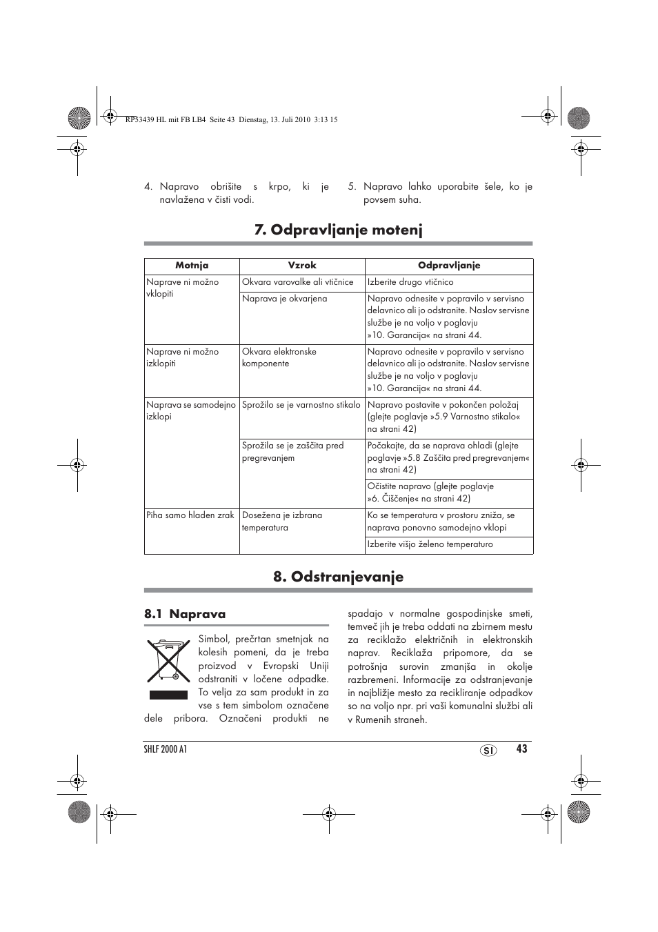 Odpravljanje motenj 8. odstranjevanje, 1 naprava | Silvercrest SHLF 2000 A1 User Manual | Page 45 / 78