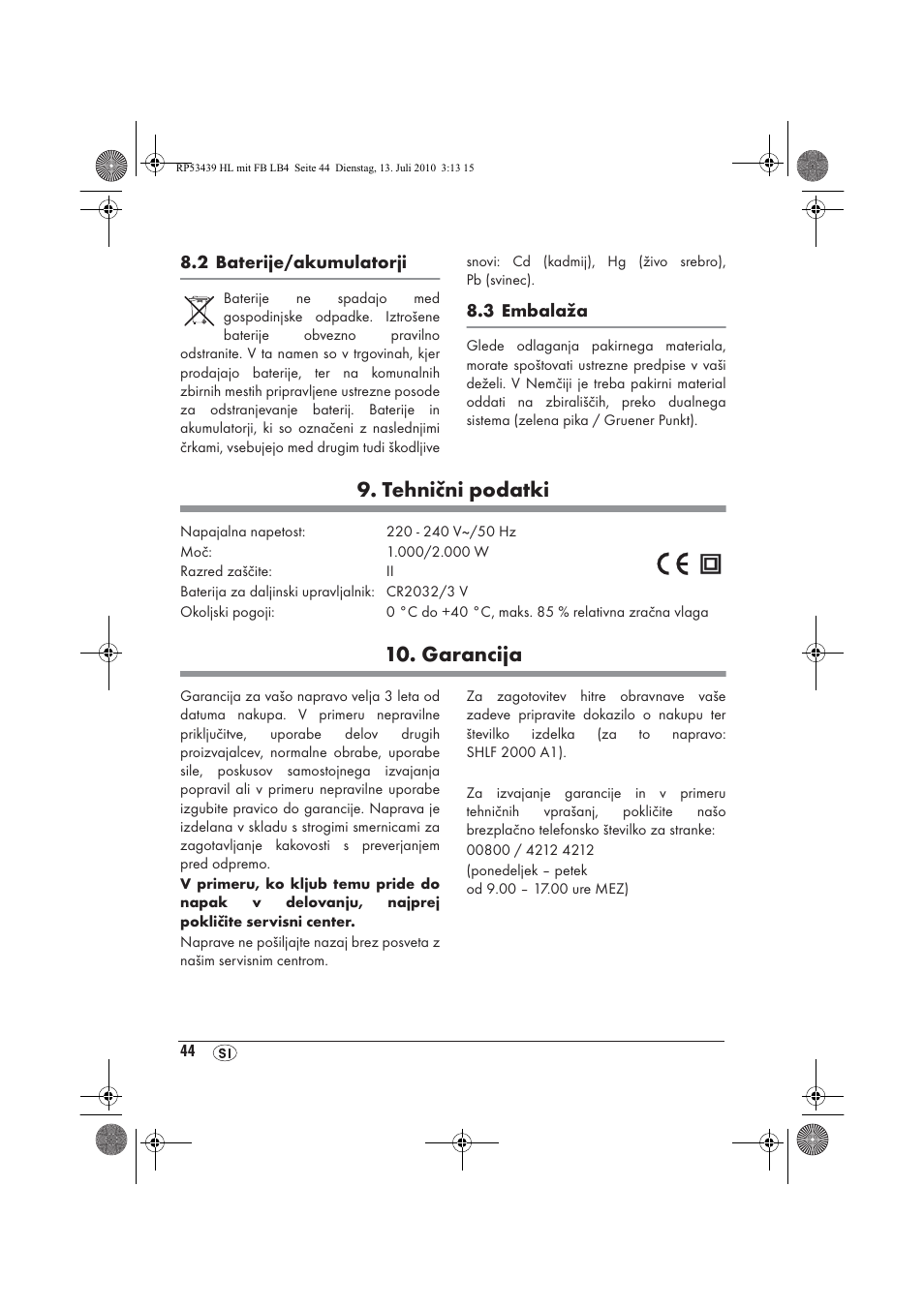 Tehnični podatki, Garancija | Silvercrest SHLF 2000 A1 User Manual | Page 46 / 78