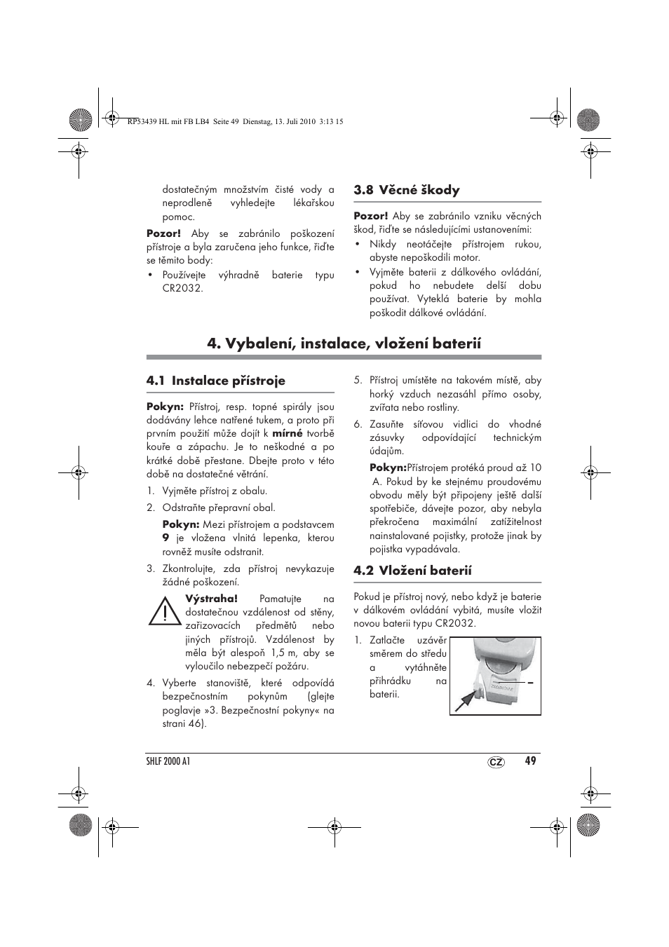 Vybalení, instalace, vložení baterií | Silvercrest SHLF 2000 A1 User Manual | Page 51 / 78