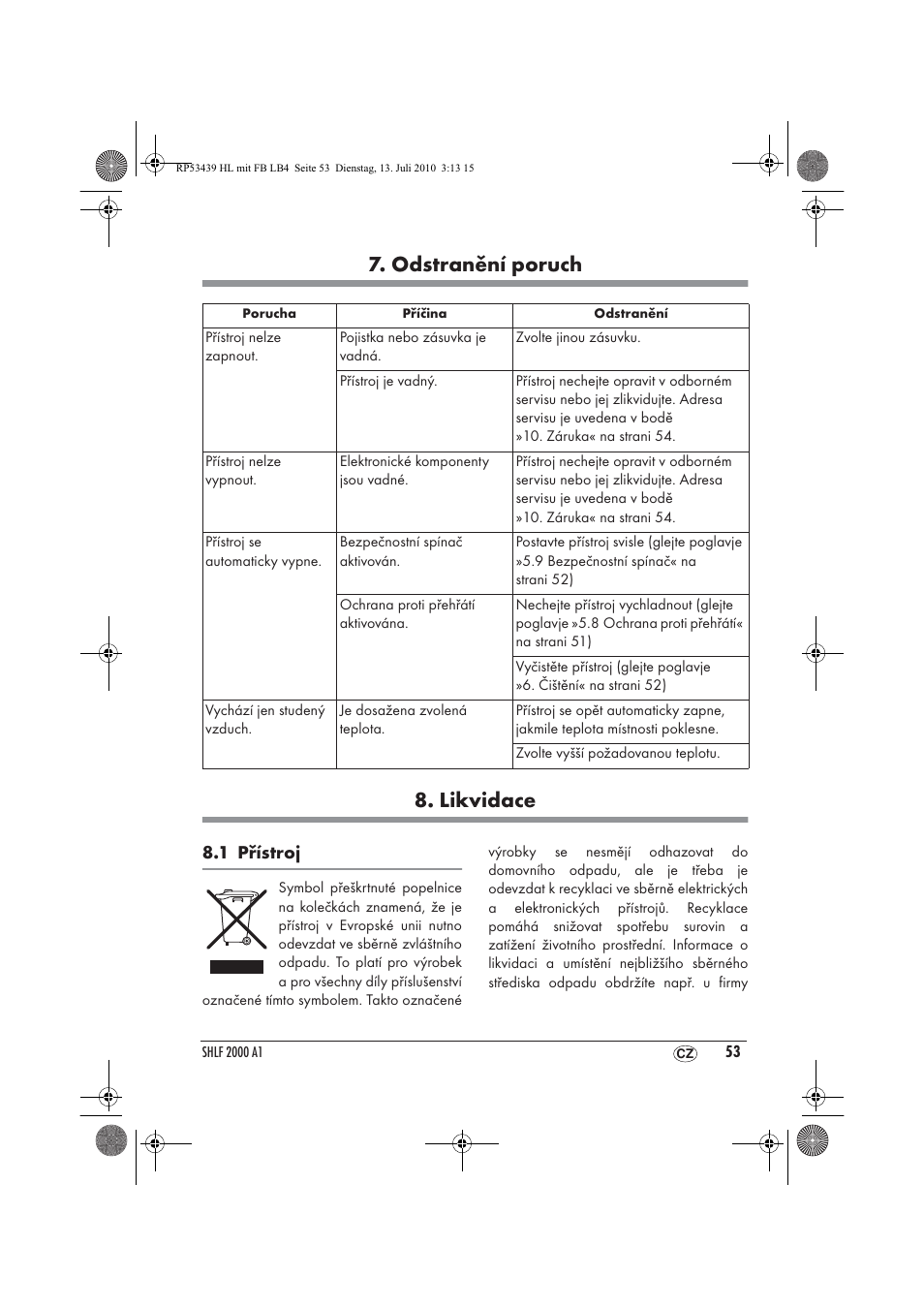 Odstranění poruch 8. likvidace | Silvercrest SHLF 2000 A1 User Manual | Page 55 / 78