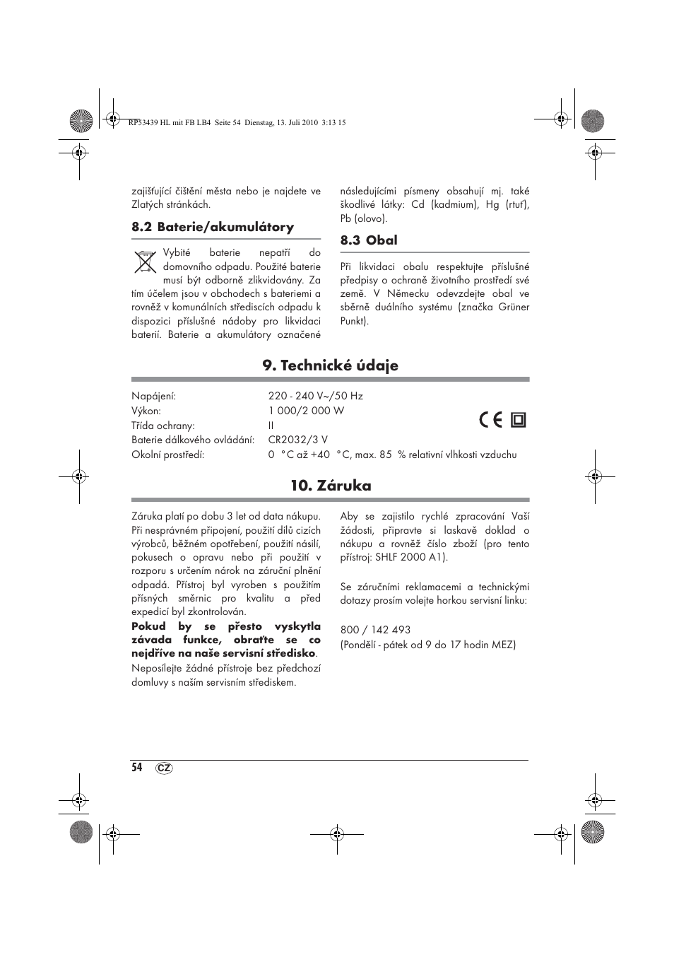 Technické údaje, Záruka | Silvercrest SHLF 2000 A1 User Manual | Page 56 / 78