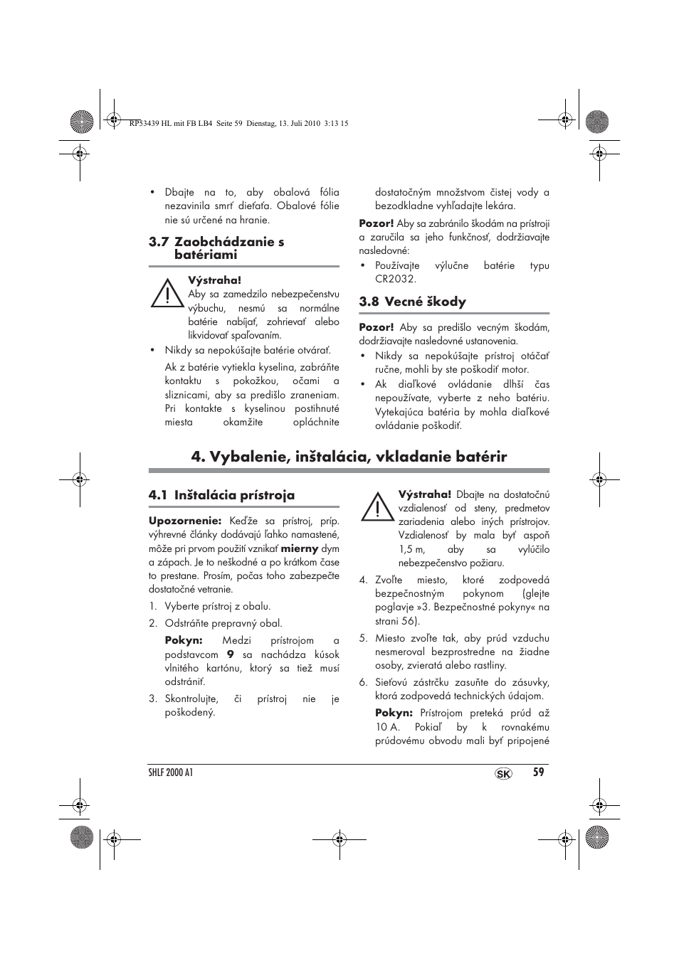 Vybalenie, inštalácia, vkladanie batérir | Silvercrest SHLF 2000 A1 User Manual | Page 61 / 78