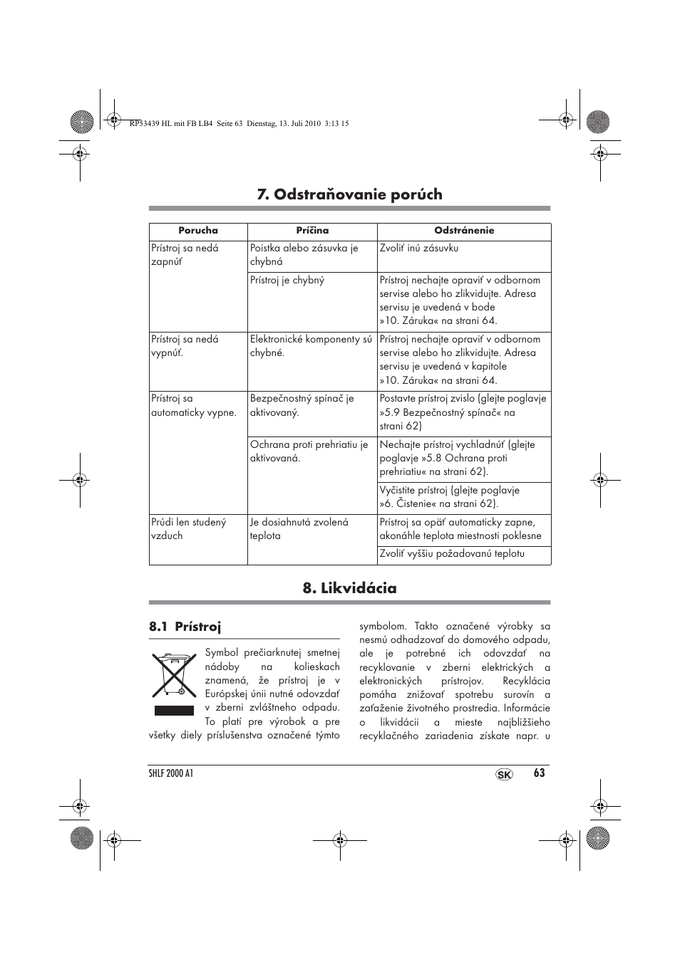 Odstraňovanie porúch 8. likvidácia | Silvercrest SHLF 2000 A1 User Manual | Page 65 / 78