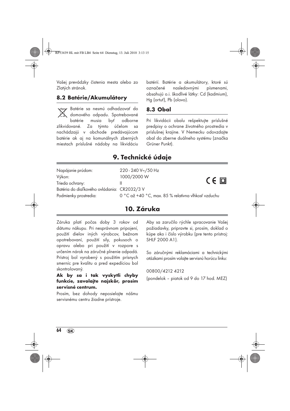 Technické údaje, Záruka | Silvercrest SHLF 2000 A1 User Manual | Page 66 / 78