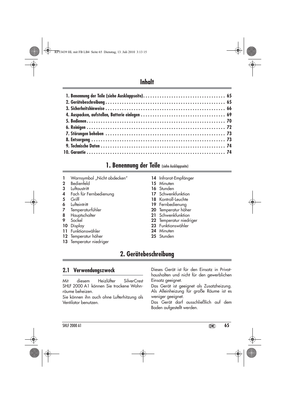 Inhalt, Benennung der teile, Gerätebeschreibung | 1 verwendungszweck | Silvercrest SHLF 2000 A1 User Manual | Page 67 / 78