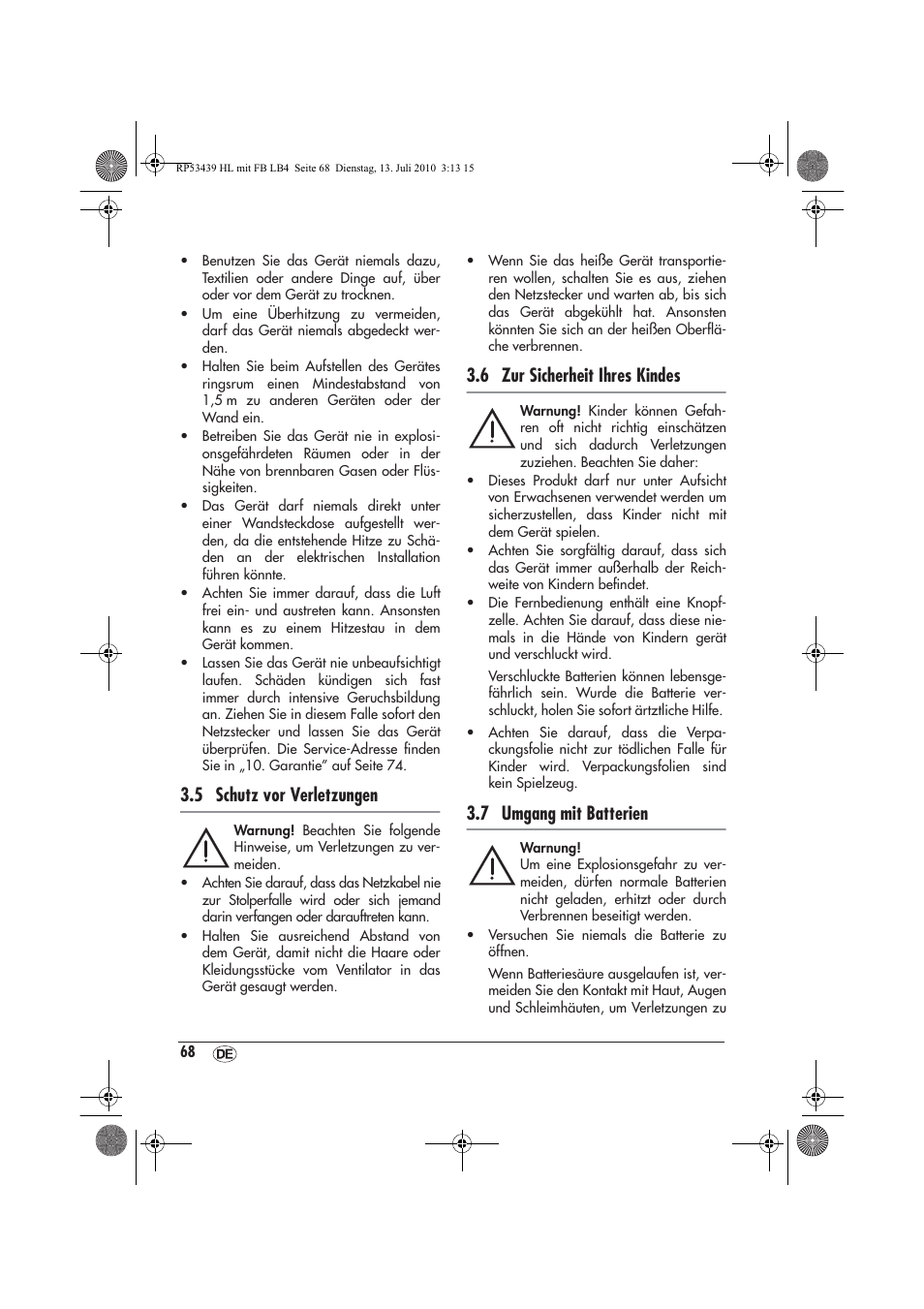 5 schutz vor verletzungen, 6 zur sicherheit ihres kindes, 7 umgang mit batterien | Silvercrest SHLF 2000 A1 User Manual | Page 70 / 78