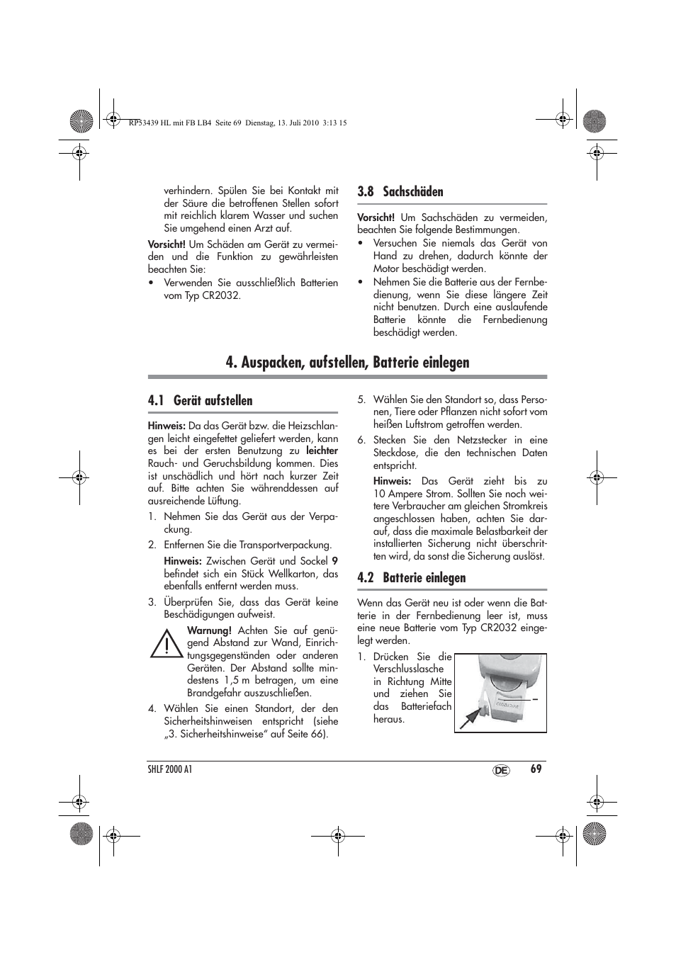 Auspacken, aufstellen, batterie einlegen, 8 sachschäden, 1 gerät aufstellen | 2 batterie einlegen | Silvercrest SHLF 2000 A1 User Manual | Page 71 / 78