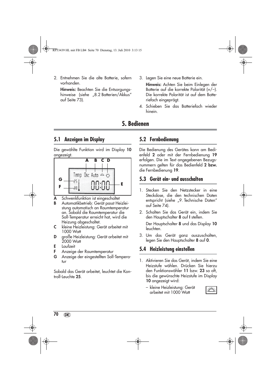 Bedienen, 1 anzeigen im display, 2 fernbedienung | 3 gerät ein- und ausschalten, 4 heizleistung einstellen | Silvercrest SHLF 2000 A1 User Manual | Page 72 / 78