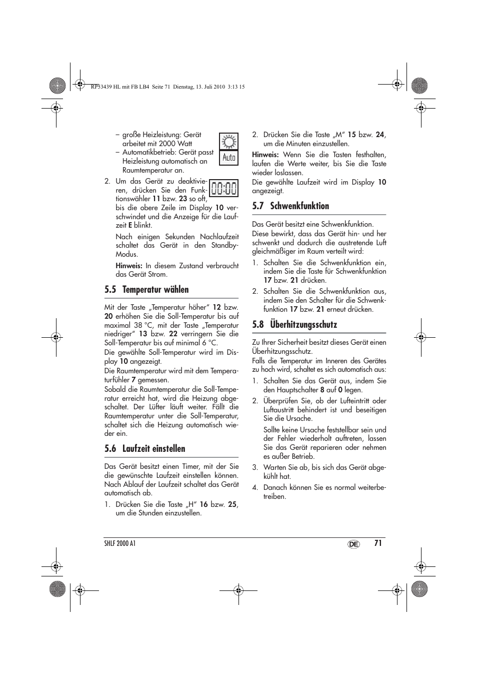 5 temperatur wählen, 6 laufzeit einstellen, 7 schwenkfunktion | 8 überhitzungsschutz | Silvercrest SHLF 2000 A1 User Manual | Page 73 / 78