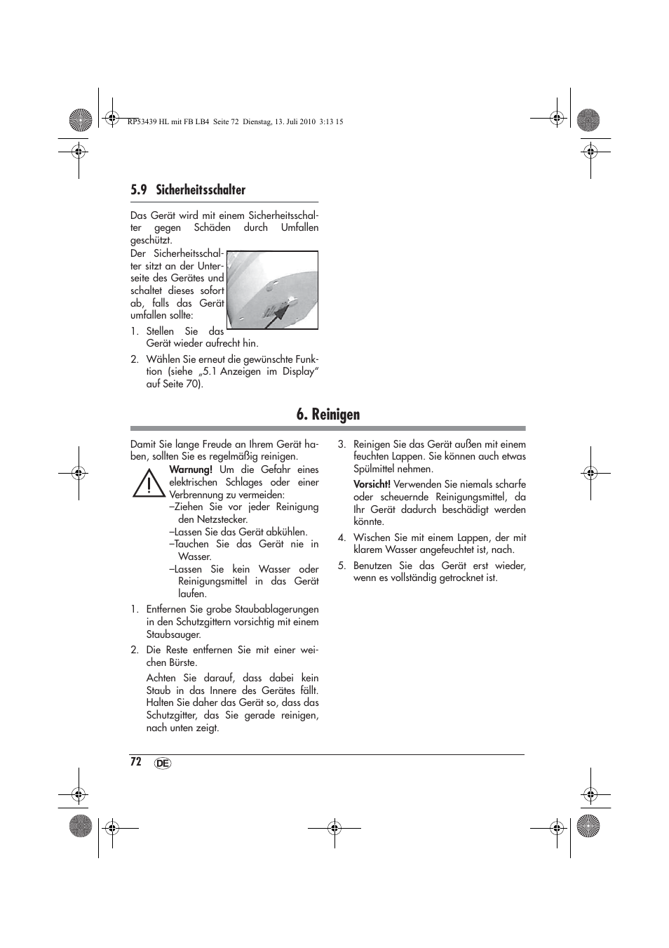 Reinigen, 9 sicherheitsschalter | Silvercrest SHLF 2000 A1 User Manual | Page 74 / 78