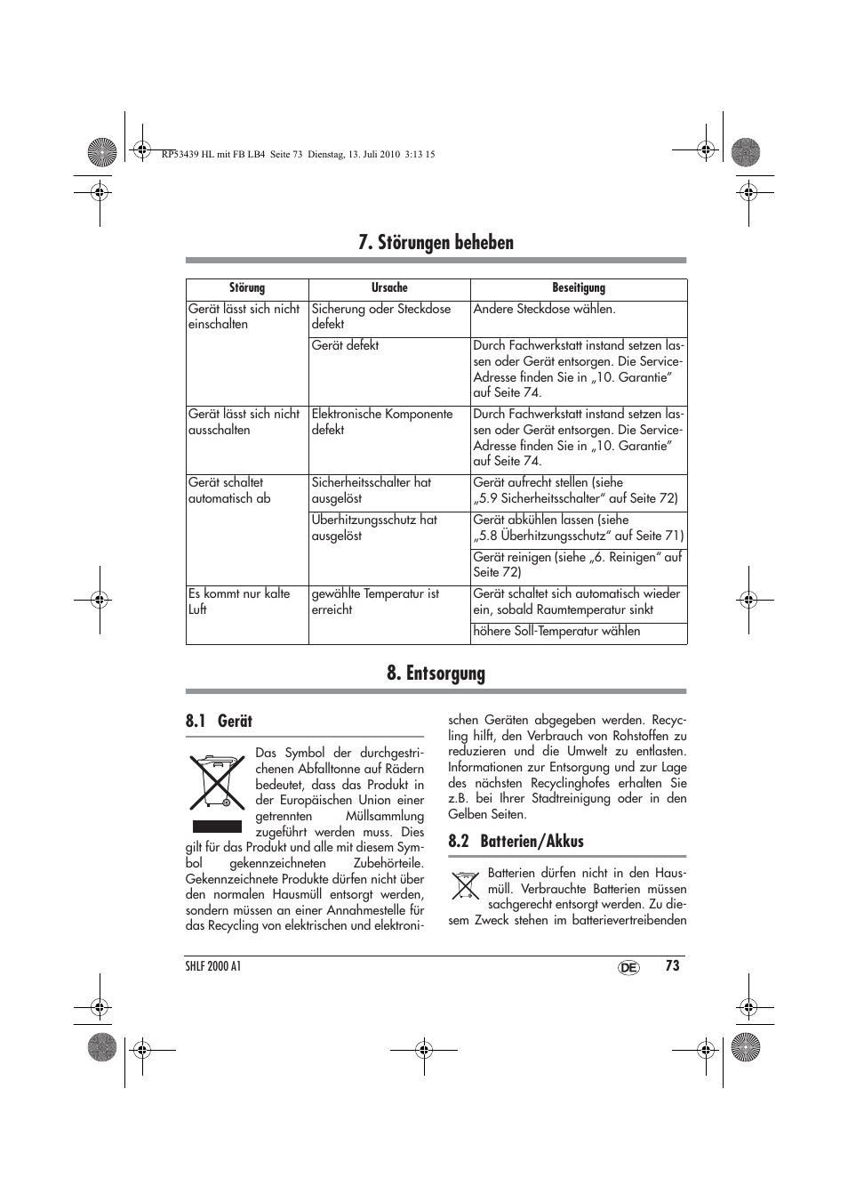 Störungen beheben 8. entsorgung, 1 gerät, 2 batterien/akkus | Silvercrest SHLF 2000 A1 User Manual | Page 75 / 78