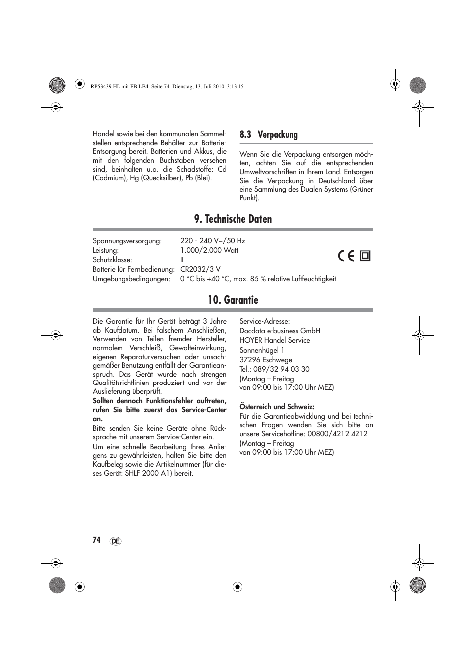 Technische daten, Garantie, 3 verpackung | Silvercrest SHLF 2000 A1 User Manual | Page 76 / 78