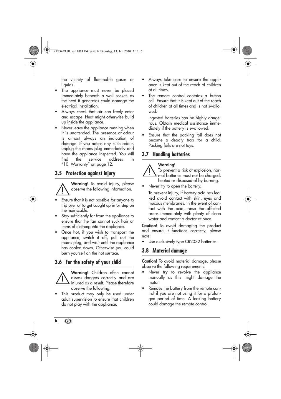 5 protection against injury, 6 for the safety of your child, 7 handling batteries | 8 material damage | Silvercrest SHLF 2000 A1 User Manual | Page 8 / 78