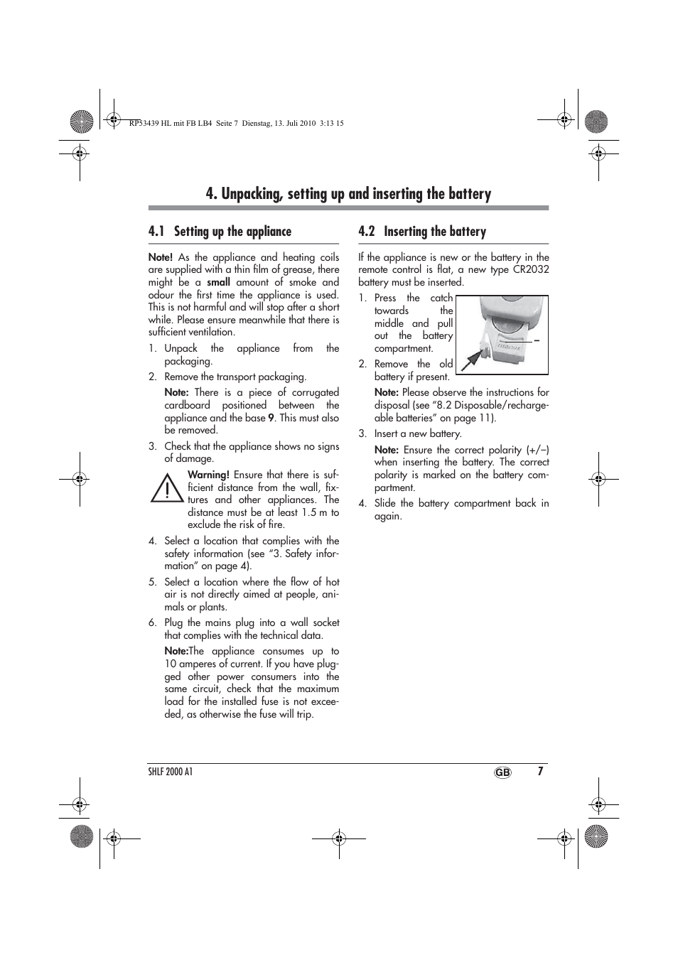 Unpacking, setting up and inserting the battery, 1 setting up the appliance, 2 inserting the battery | Silvercrest SHLF 2000 A1 User Manual | Page 9 / 78