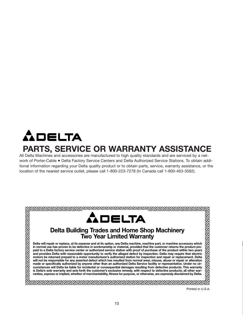 Parts, service or warranty assistance | Delta 50-868 User Manual | Page 10 / 11