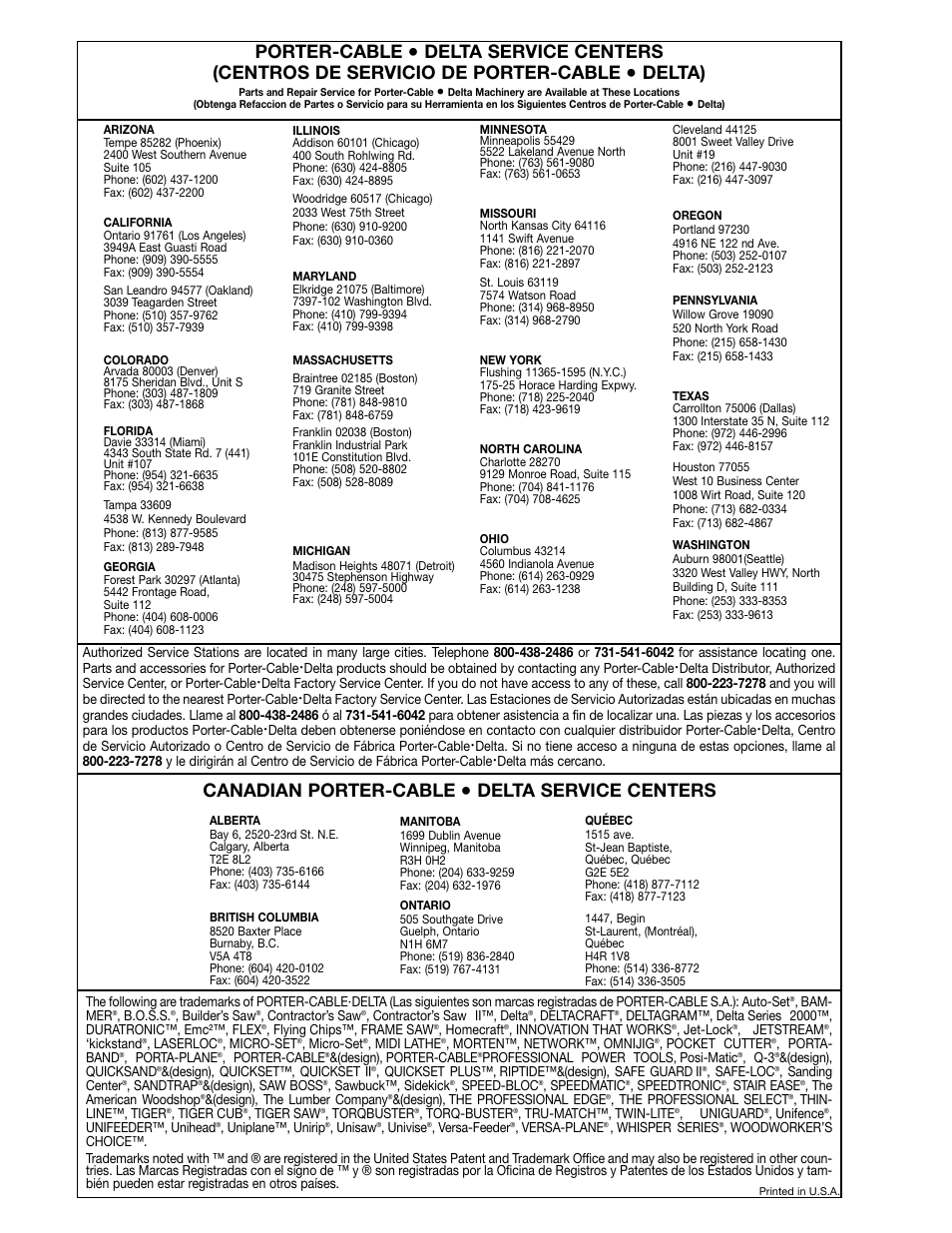 Porter-cable, Delta), Canadian porter-cable | Delta service centers | Delta 50-868 User Manual | Page 11 / 11