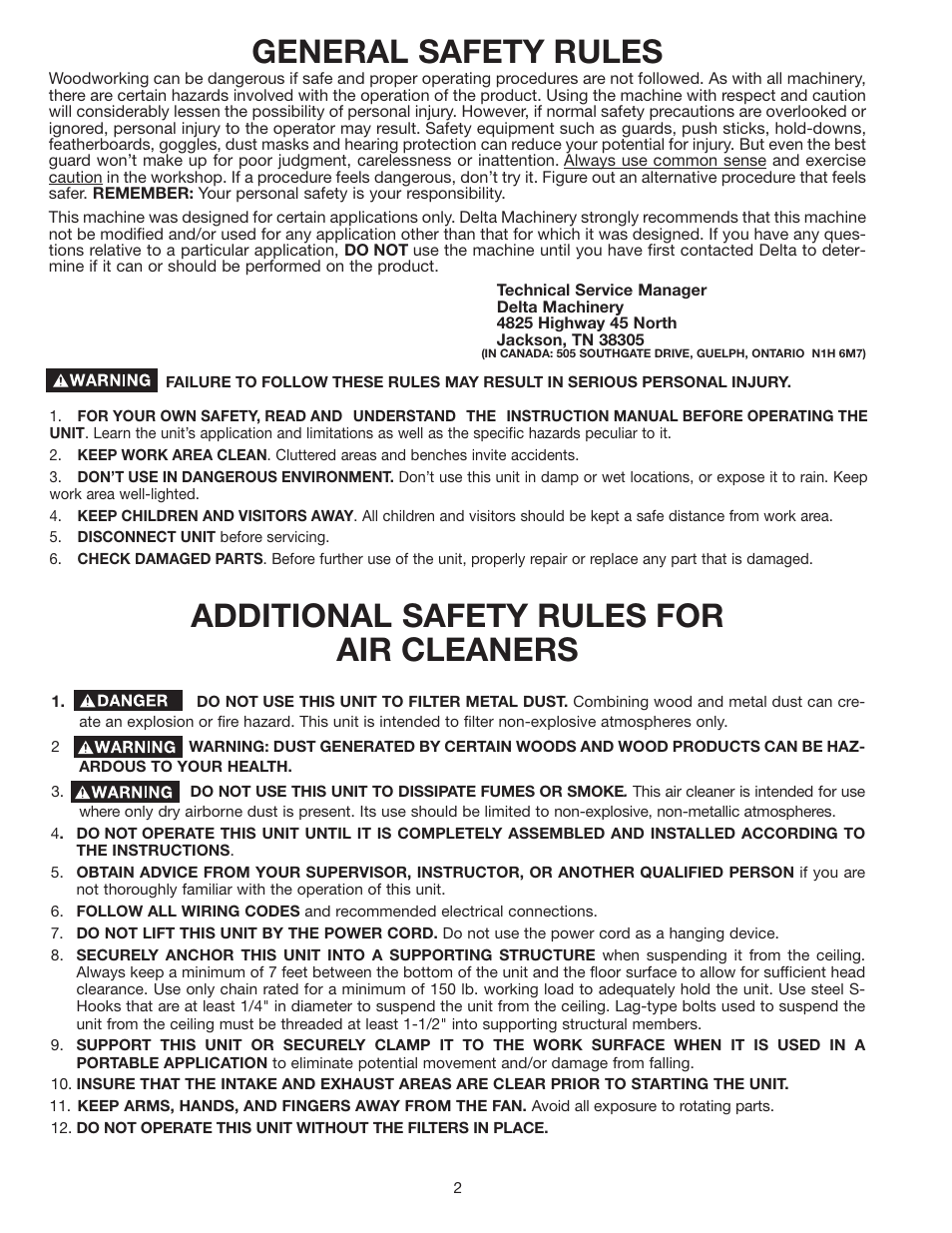 Additional safety rules for air cleaners, General safety rules | Delta 50-868 User Manual | Page 2 / 11