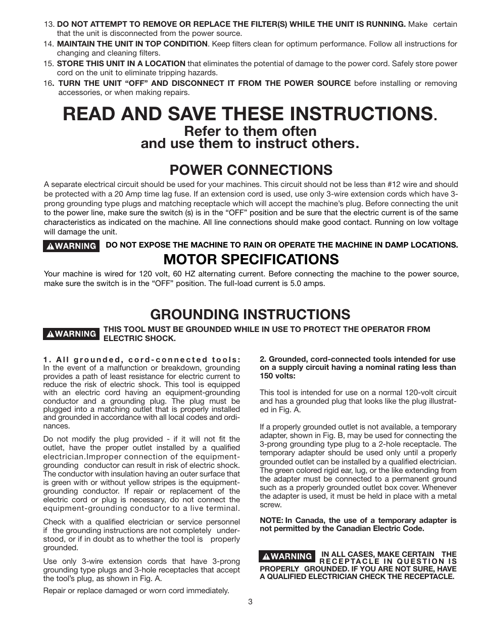 Read and save these instructions, Grounding instructions, Power connections | Motor specifications | Delta 50-868 User Manual | Page 3 / 11