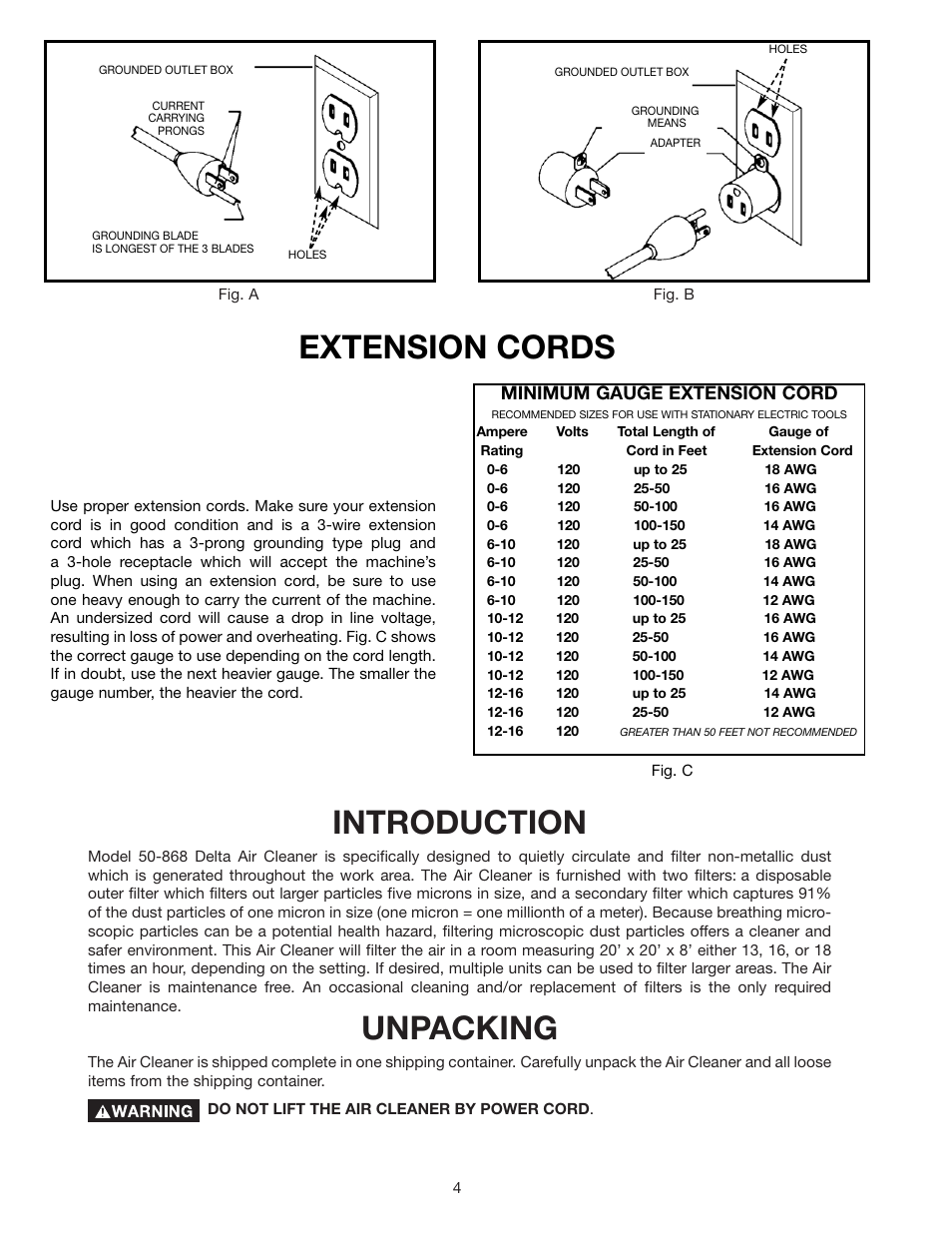 Introduction, Unpacking, Extension cords | Delta 50-868 User Manual | Page 4 / 11