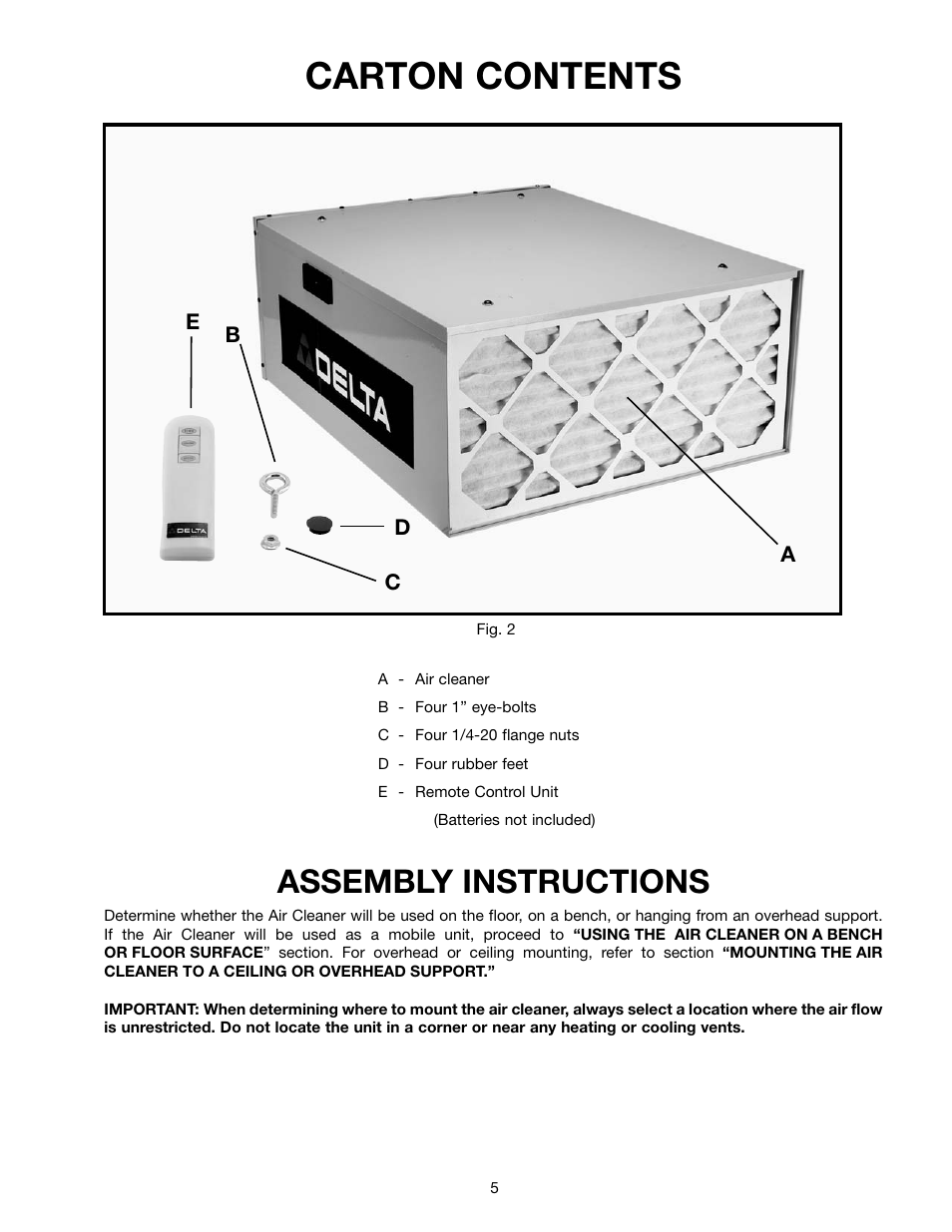 Carton contents, Assembly instructions | Delta 50-868 User Manual | Page 5 / 11