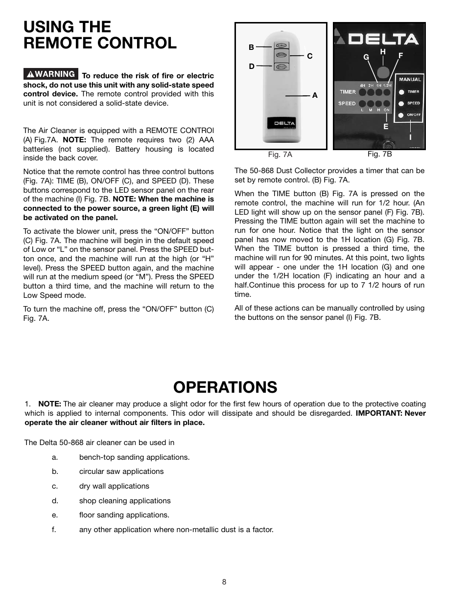 Using the remote control, Operations | Delta 50-868 User Manual | Page 8 / 11