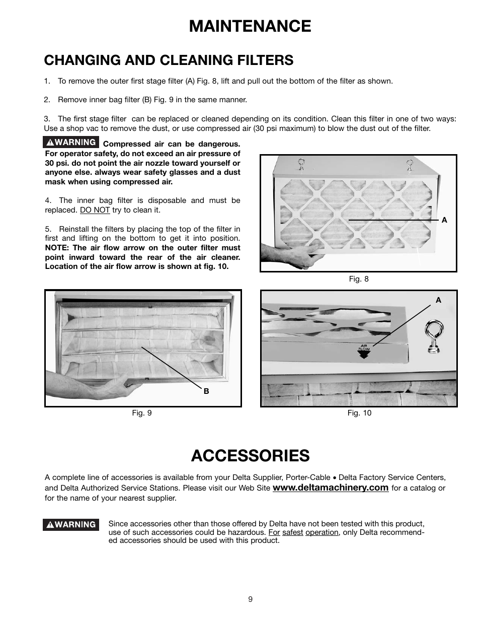 Maintenance, Accessories, Changing and cleaning filters | Delta 50-868 User Manual | Page 9 / 11