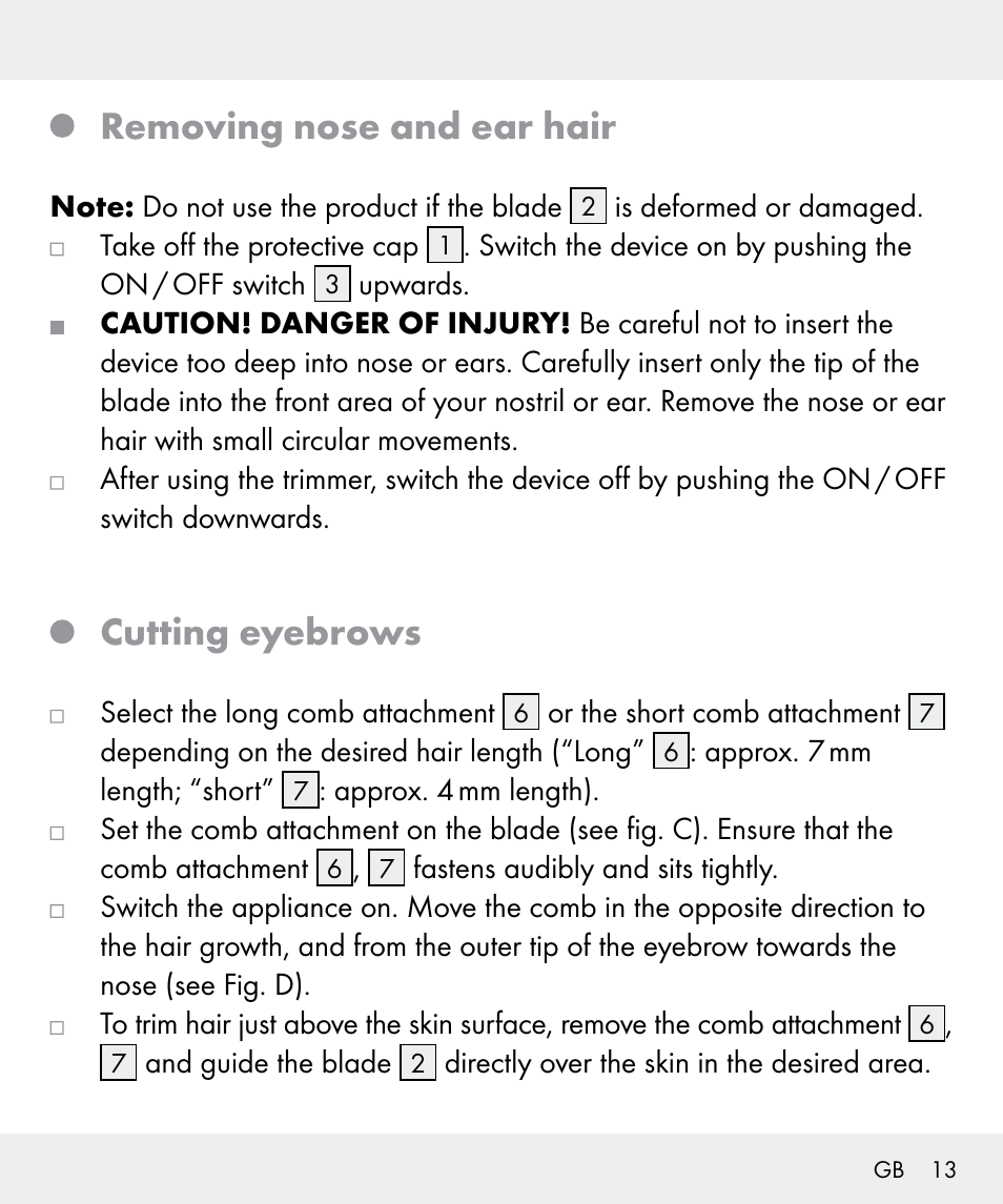 Removing nose and ear hair, Cutting eyebrows | Silvercrest Z31635 User Manual | Page 13 / 96